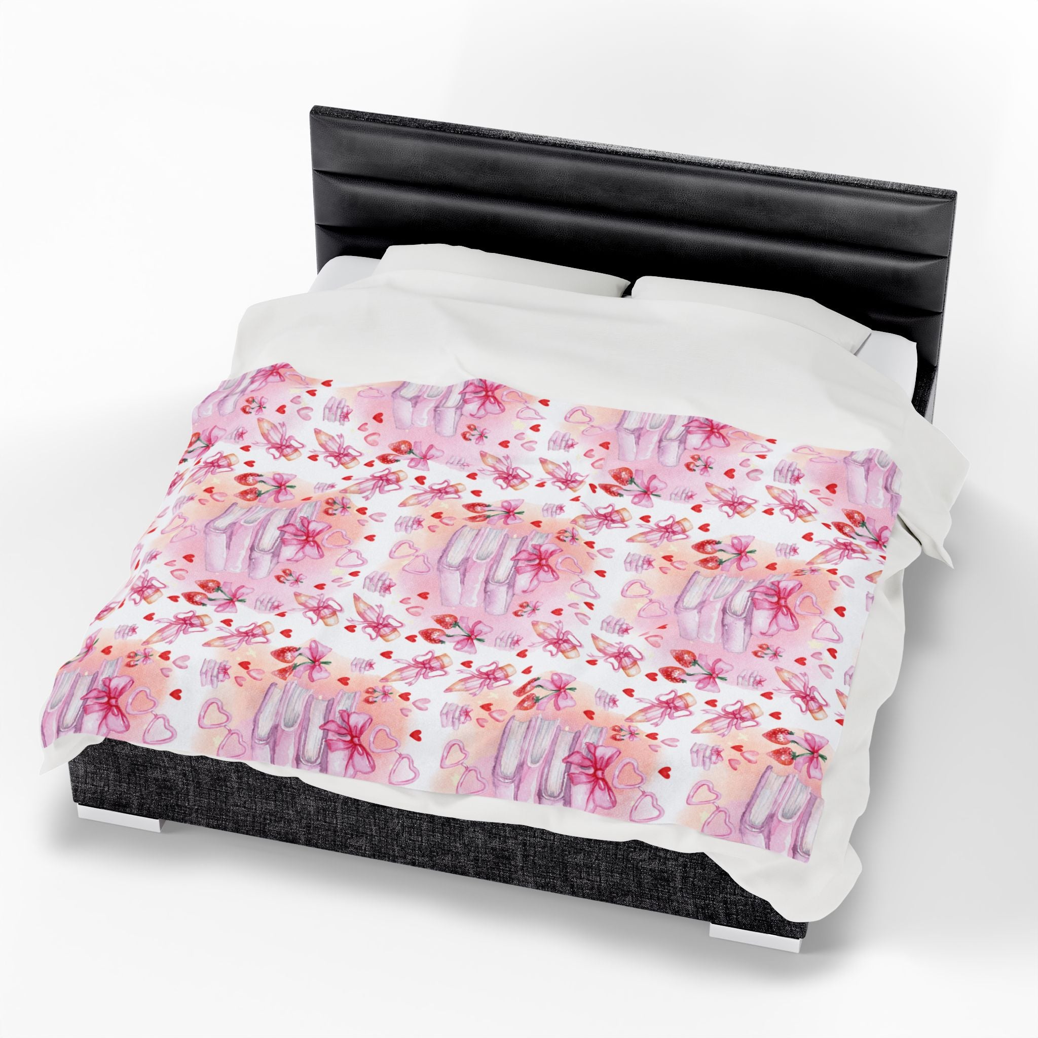 Romantic Pink Watercolor Books Bows Velveteen Plush Blanket Cozy Book Nook