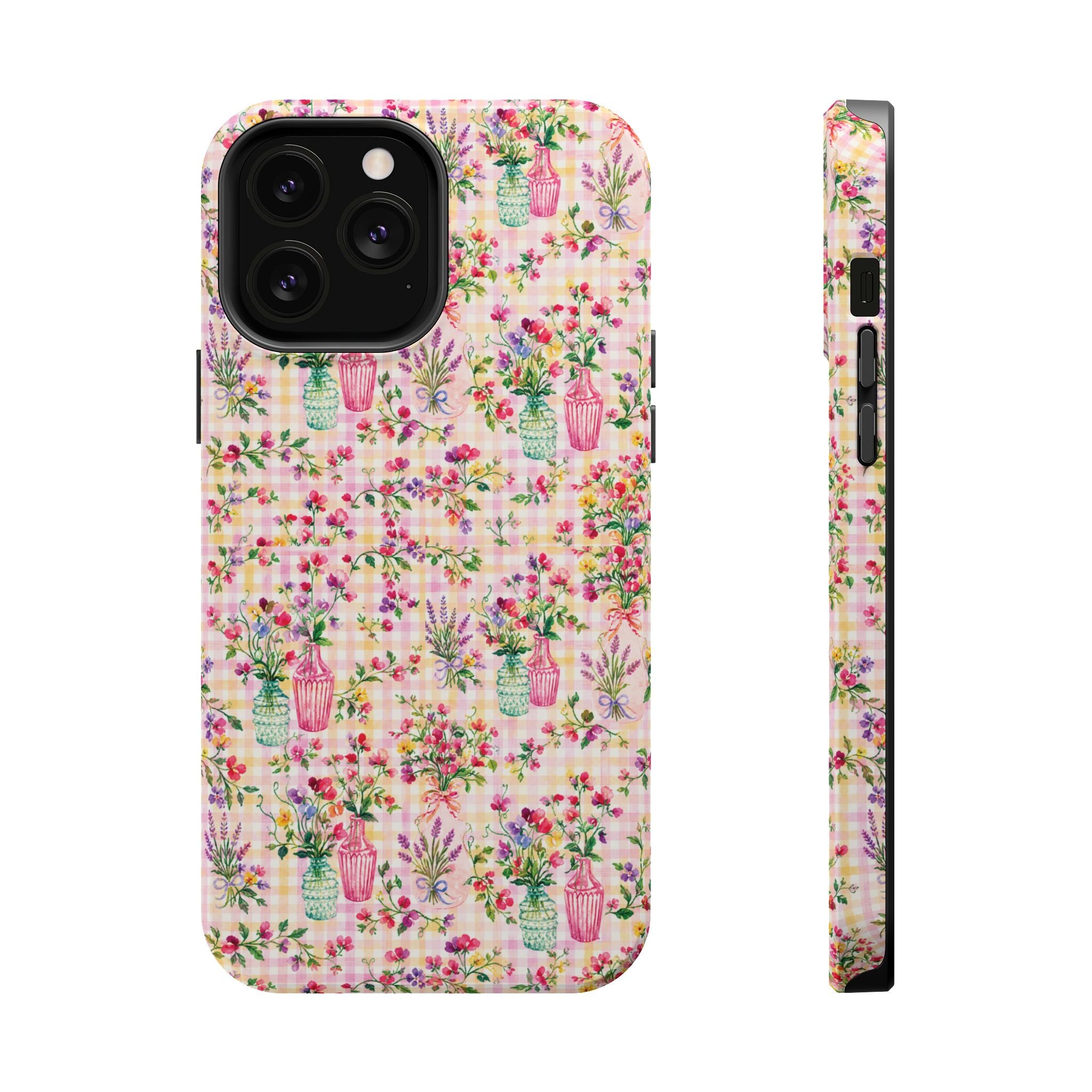 Turquoise & Pink Floral Checker Phone Case — Magnetic Impact-Resistant