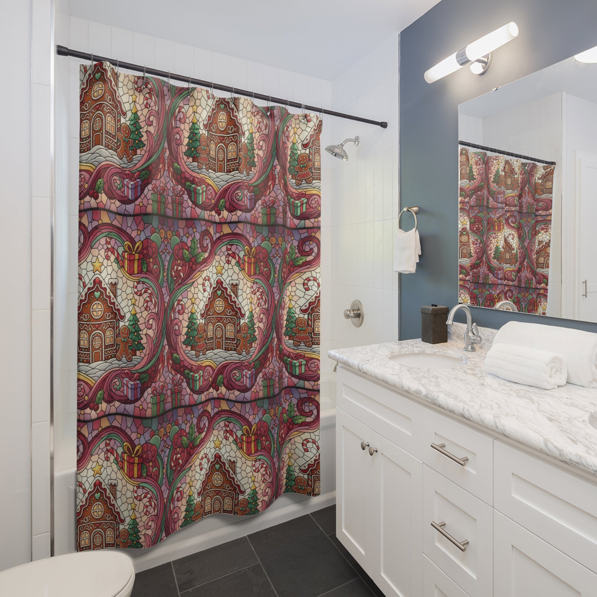 Gingerbread New House Christmas Shower Curtain Stylish Bathroom Decor, Perfect for a Fresh, Elegant Look and Durable for a Fresh, Stylish Look Wedding Gift for Mom Bridal Shower Gift Newlywed