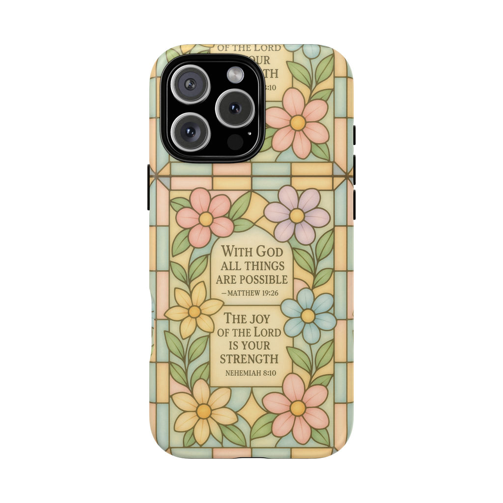 Pastel Stained Glass Bible Verse Phone Case Christian Affirmation Cover, Soft Geometric Design, iPhone Samsung Google, Faith Gift for Her Bible Verse or Affirmation | Protective, Inspirational Gift for Christians