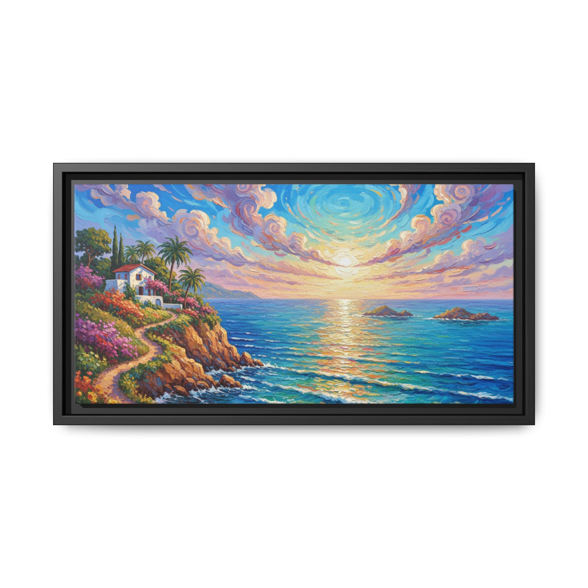 Ocean Floral Print Canvas | Bright Colorful Seascape Wall Art, Framed Matte Office Art Work