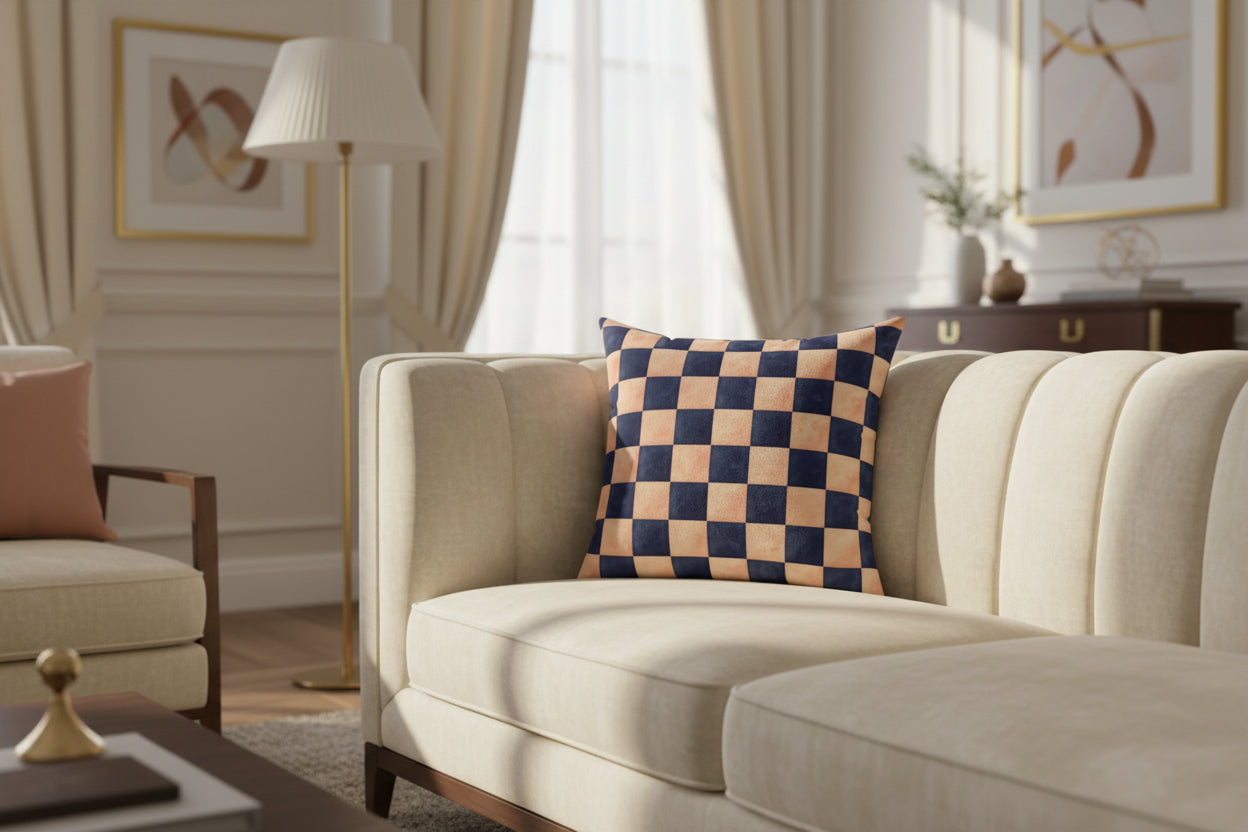 Checkered pillow with blue and beige squares on a white background