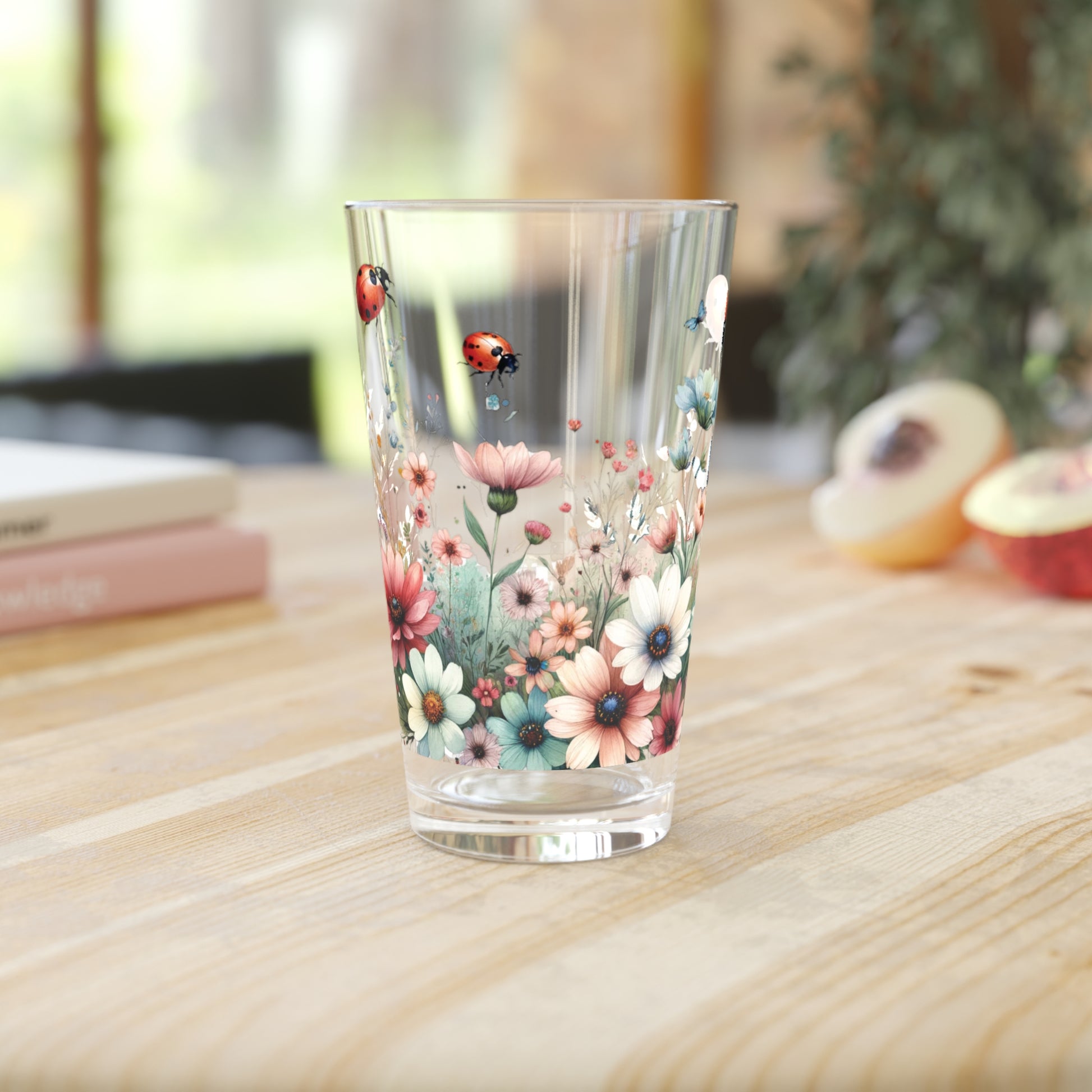 Watercolor Lady Bugs and Floral 16oz Pint Glass Delicate Blooms for Refreshing Sips Art Gifts, Party Drinkware, Cocktail Glass Housewarming Perfect Gift Party Drinkware, Cocktail, Wedding Perfect for Parties Glassware, New House Gift.