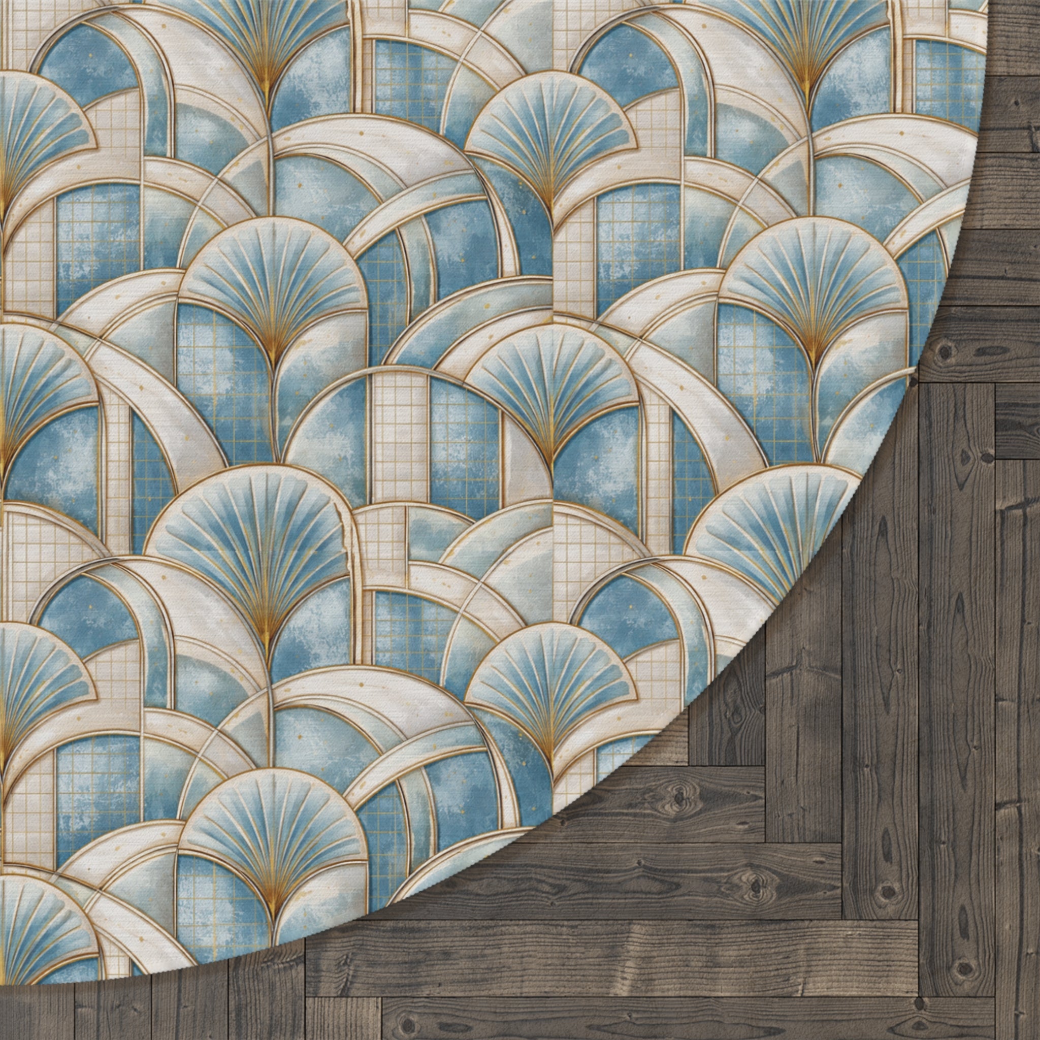 Blue & Gold Geometric Luxury  Round Rug