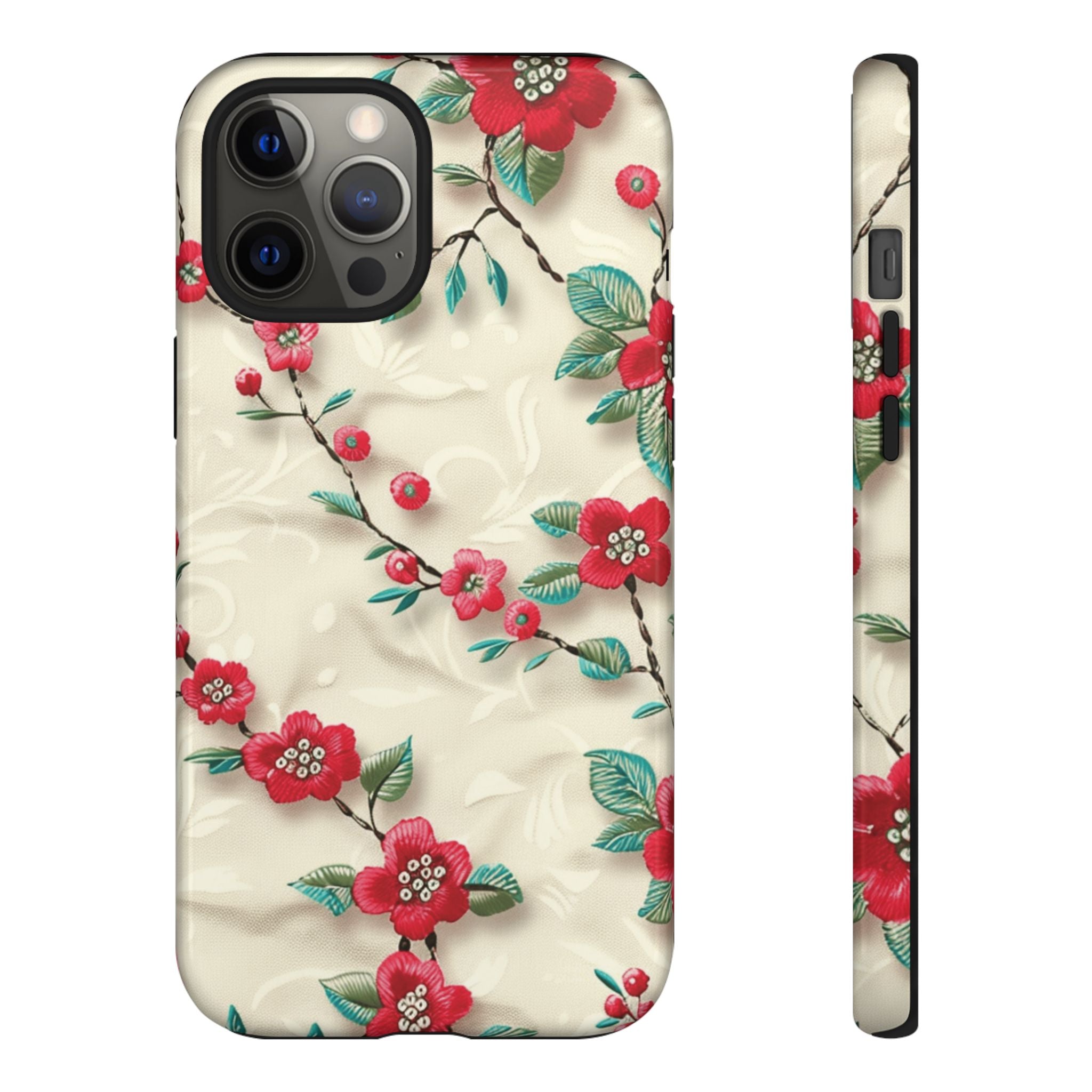 3D Embroidery Illusion Red Flowers Phone Case for iPhone, Samsung Pixel Artistic Floral Protection 15 14 13 12, 21 23 Gift for Her Perfect for Floral Lover