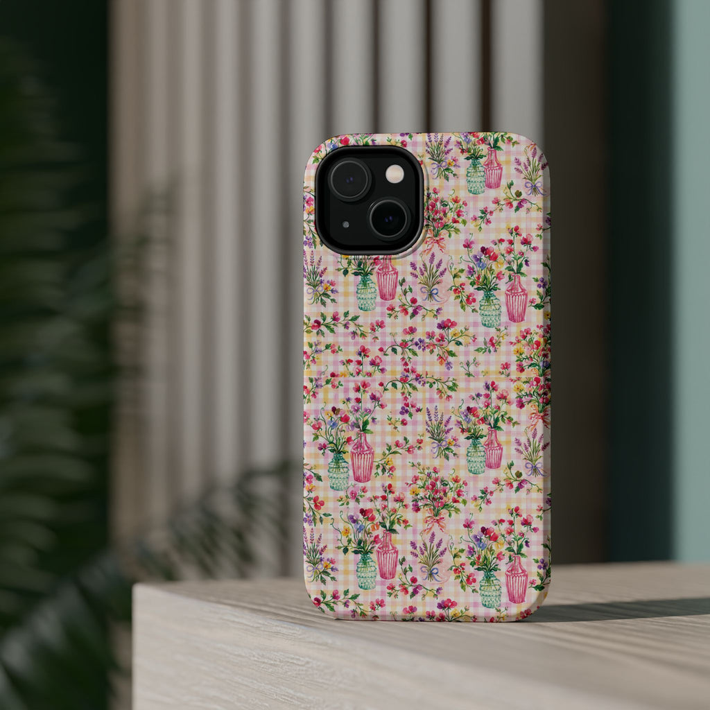Turquoise & Pink Floral Checker Phone Case — Magnetic Impact-Resistant