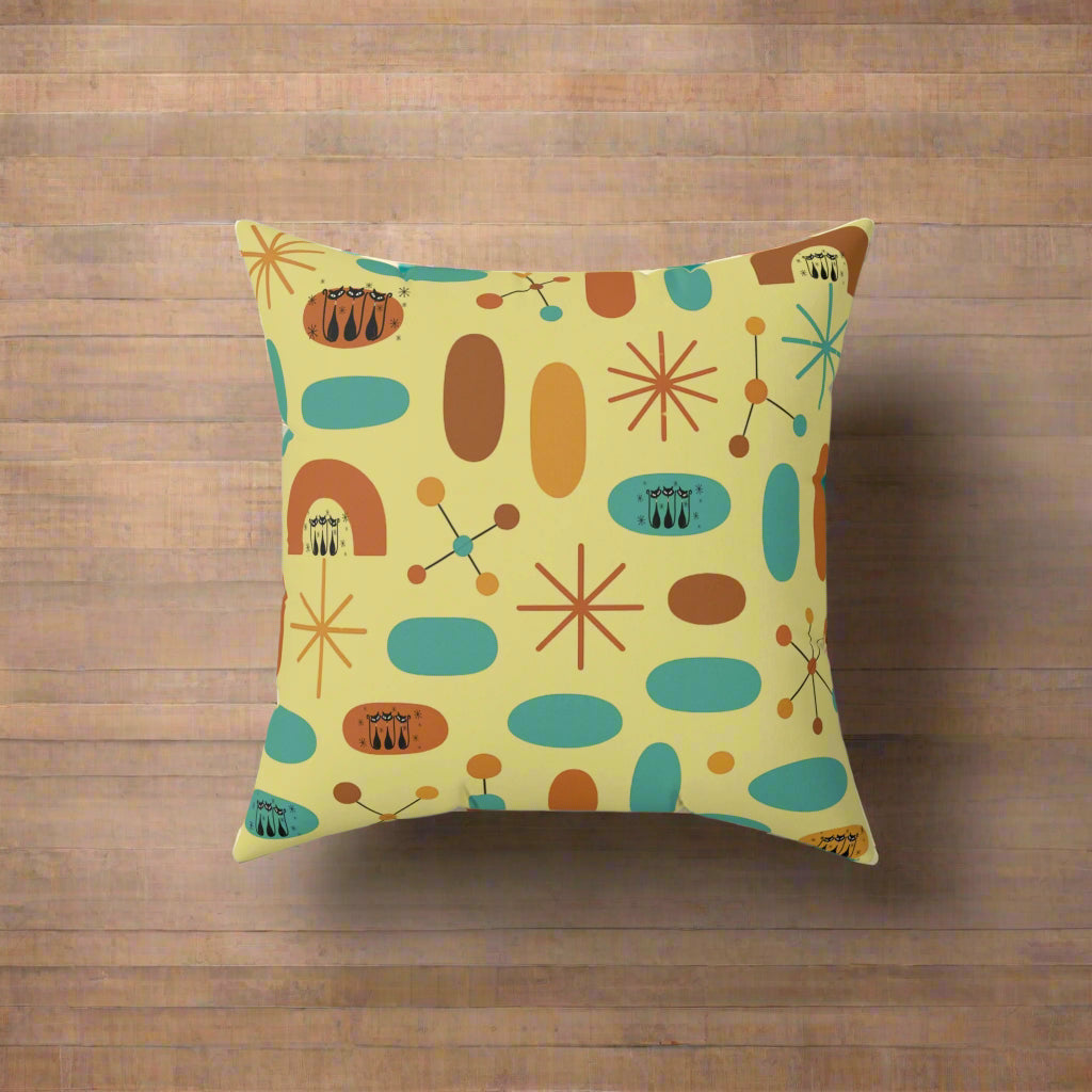 Atomic Cat Throw Pillow, Mid Century Modern Yellow Cushion, Retro Kitty Accent Pillow, Pastel Coquette Bow, Vintage Home Decor, Reading Nook