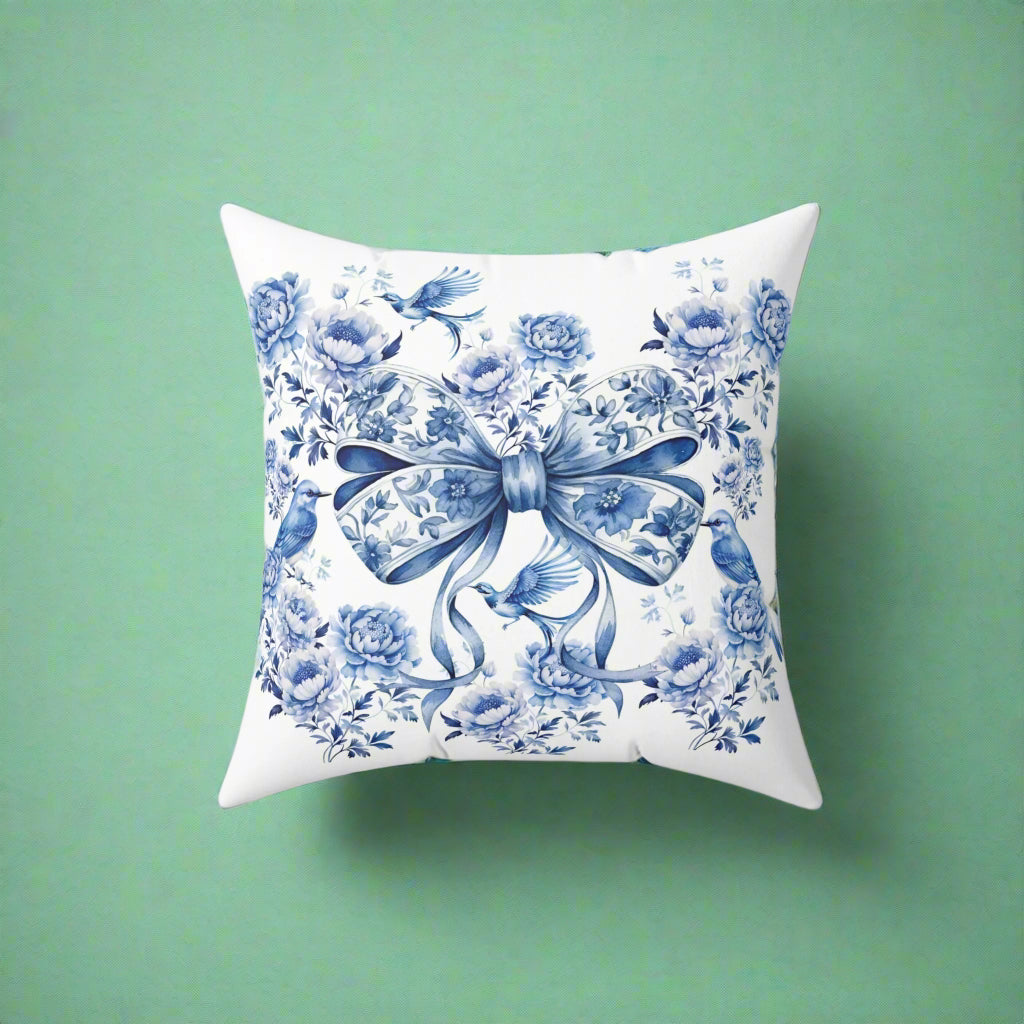 Elegant Blue Bow Chinoiserie Square Pillow – Vintage Bird & Floral Design, Soft & Stylish, Available in 16x16, 18x18 & 20x20, Perfect for Home Decor & Gifting Sofa Decor 100% Polyester with Double-Sided Print