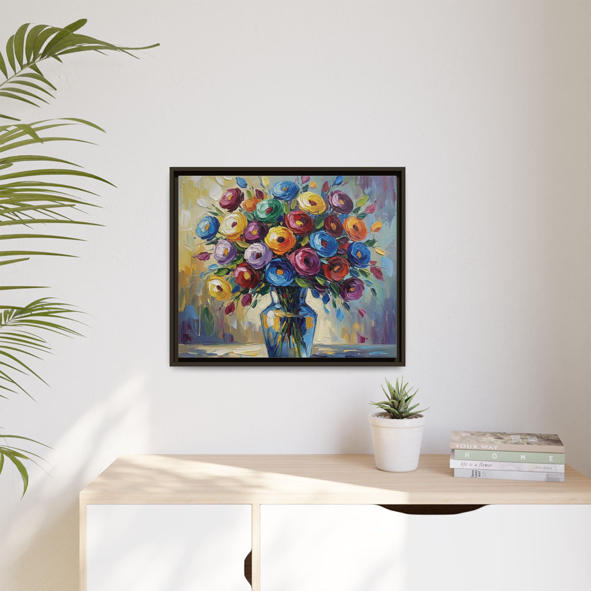 Impression sur toile bouquet floral aquarelle - Tableau mural encadré mat - Illusion de peinture à l'huile vibrante