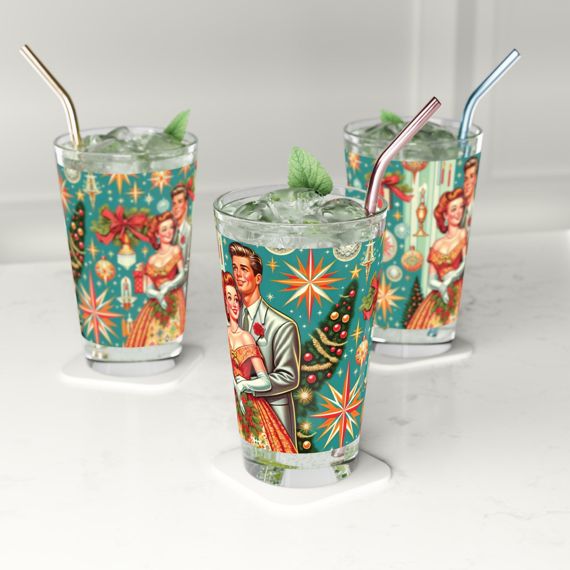 Retro Radiance 16 oz Pint Glass Featuring 50s Franciscan Diamond Starburst Kitsch Christmas Card Art Party Drinkware, Cocktail Glass Housewarming Perfect Gift Party Drinkware, Cocktail, Wedding Perfect for Parties - MRSBYVALLE