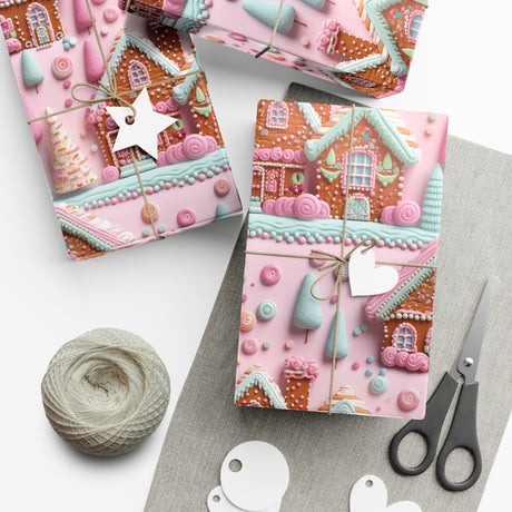 3D Clay Illusion Pink Gingerbread House Wrapping Paper Festive, Playful, and Perfect for Adding a Sweet Touch to Your Holiday Gifts Moms - MRSBYVALLE