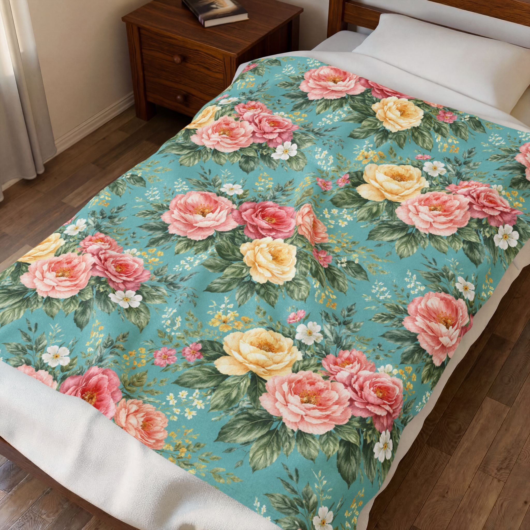Floral Lagoon Roses Velveteen Plush Blanket | Cozy Luxury Throw
