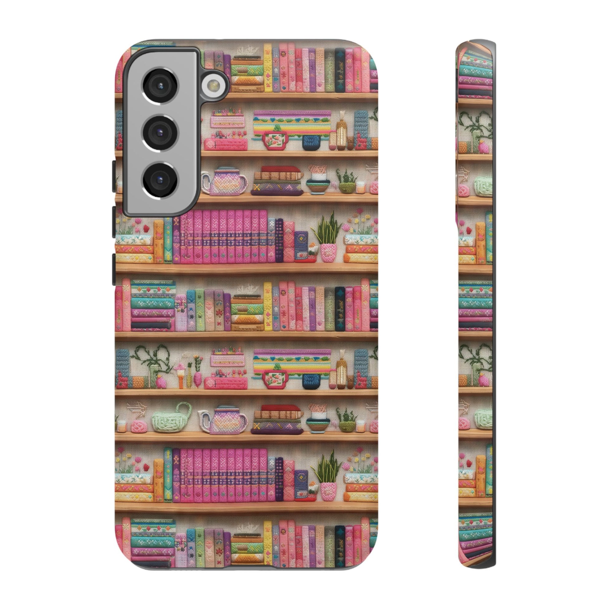 Whimsical 3D Embroidery Illusion Books on Pastel Shelves Phone Case for iPhone, Samsung & Pixel: Unique Accessory for Literary Enthusiasts Gift for Her Perfect for Floral Lover