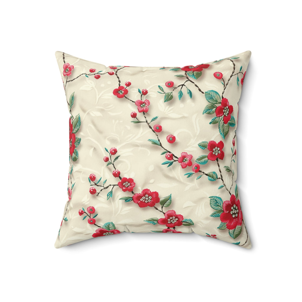 Chic 3D Embroidery Illusion Red Flowers Square Pillow for Sofa, Bed, or Chair Premium Quality, Soft, and Durable | Perfect for Couch, Bed, or Chair | Elegant Bedrooms Pillow Gift New House, Bridal Shower - MRSBYVALLE