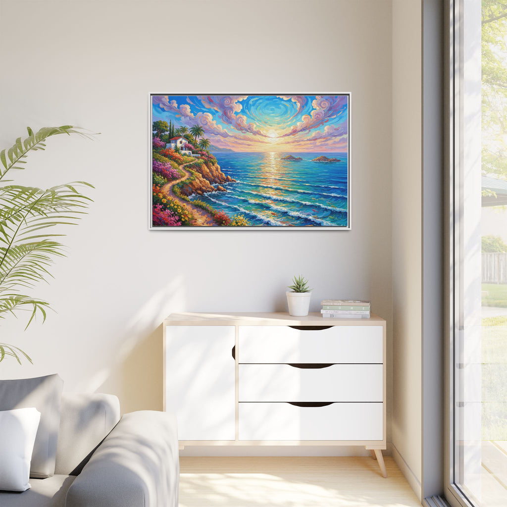 Toile imprimée florale océanique | Décoration murale colorée et lumineuse de paysage marin, œuvre d'art de bureau encadrée et mate