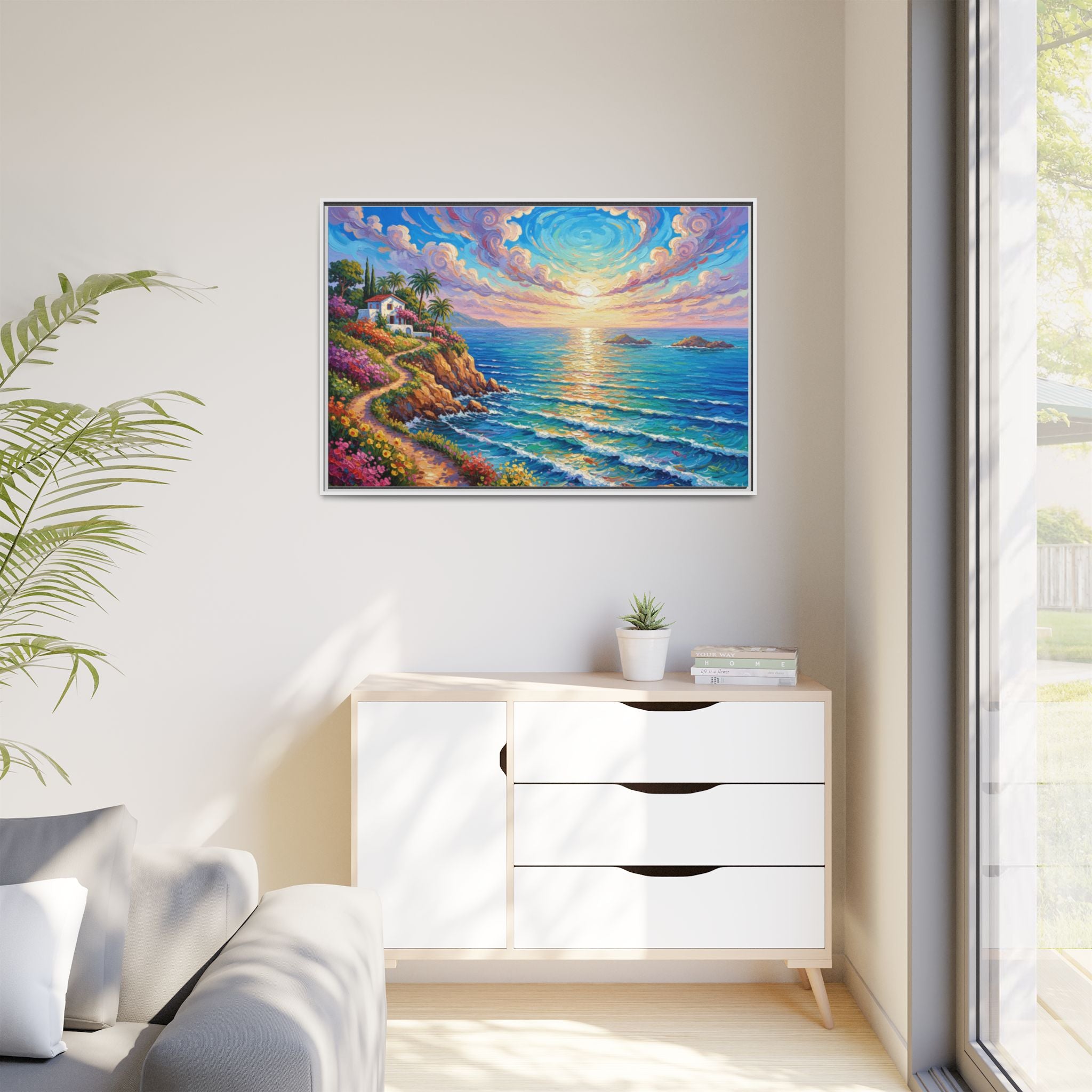 Toile imprimée florale océanique | Décoration murale colorée et lumineuse de paysage marin, œuvre d'art de bureau encadrée et mate