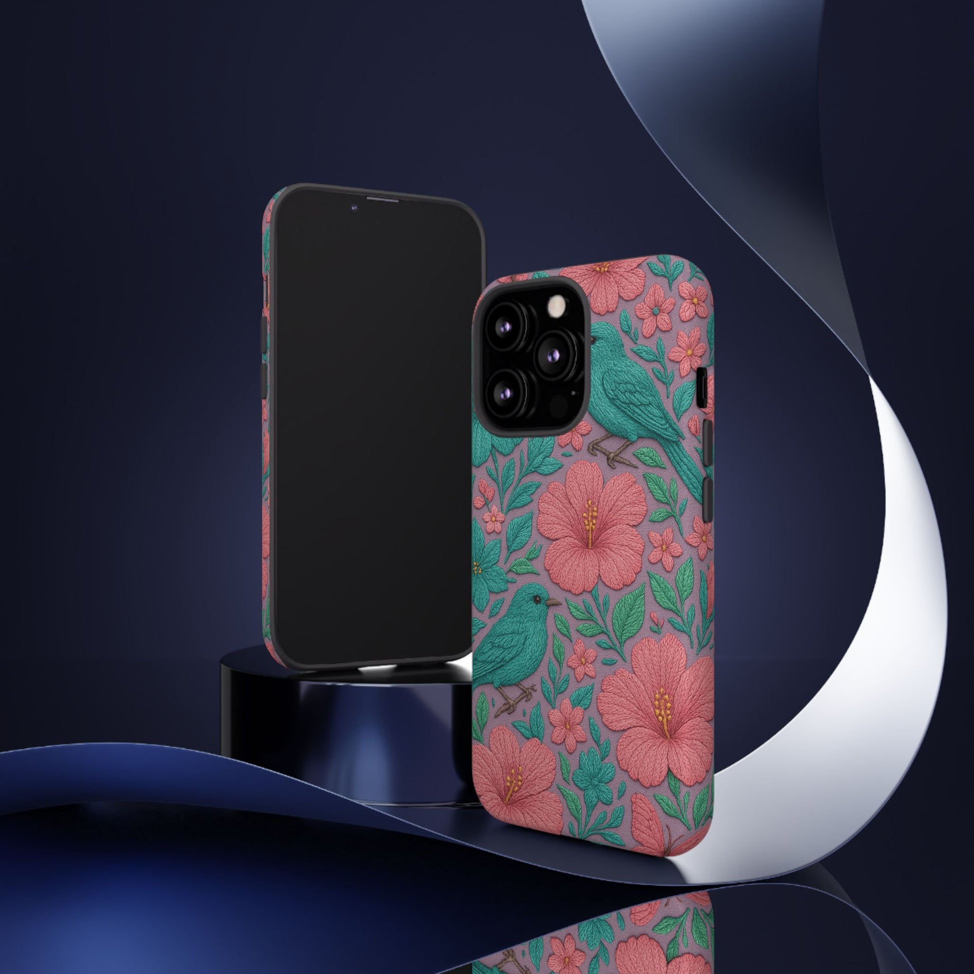 Turquoise, Pink and Lavender 3D Embroidery Illusion Phone Case Tropical Flowers, Birds & Butterflies Cover with Bold, Realistic Floral Texture iPhone, Samsung