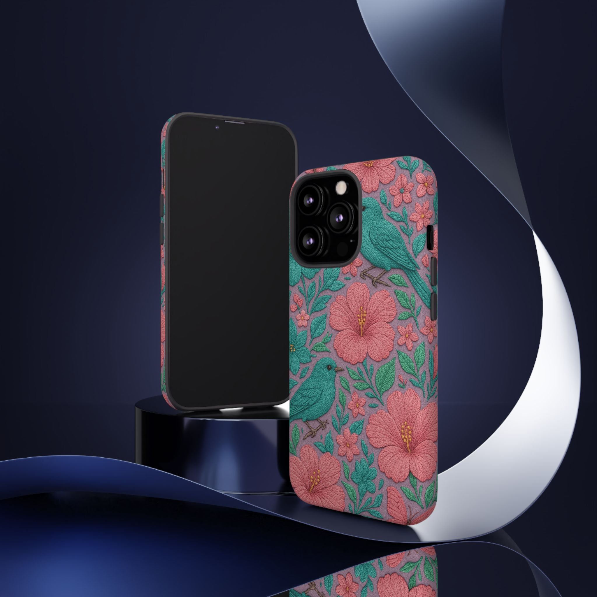 Turquoise, Pink and Lavender 3D Embroidery Illusion Phone Case Tropical Flowers, Birds & Butterflies Cover with Bold, Realistic Floral Texture iPhone, Samsung
