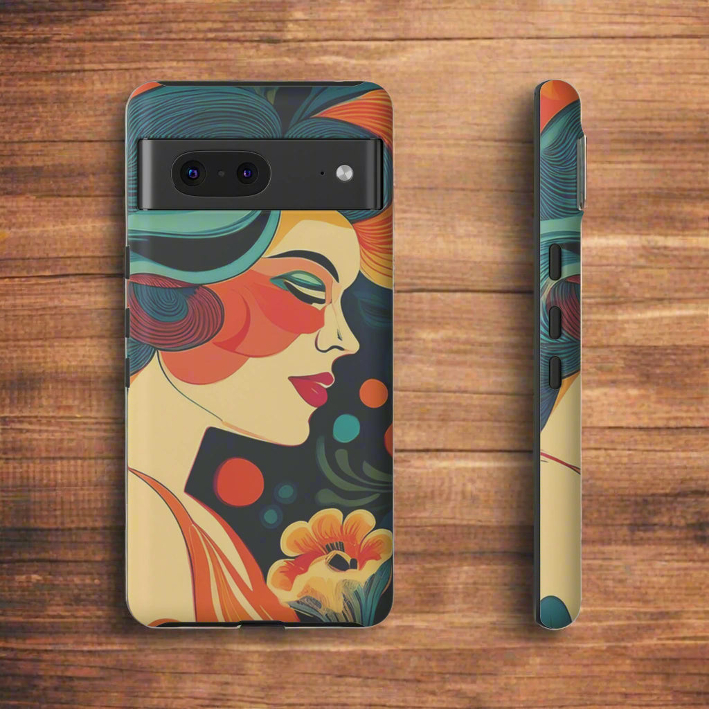 Phone case with colorful design of a woman's face and abstract patterns on a white background