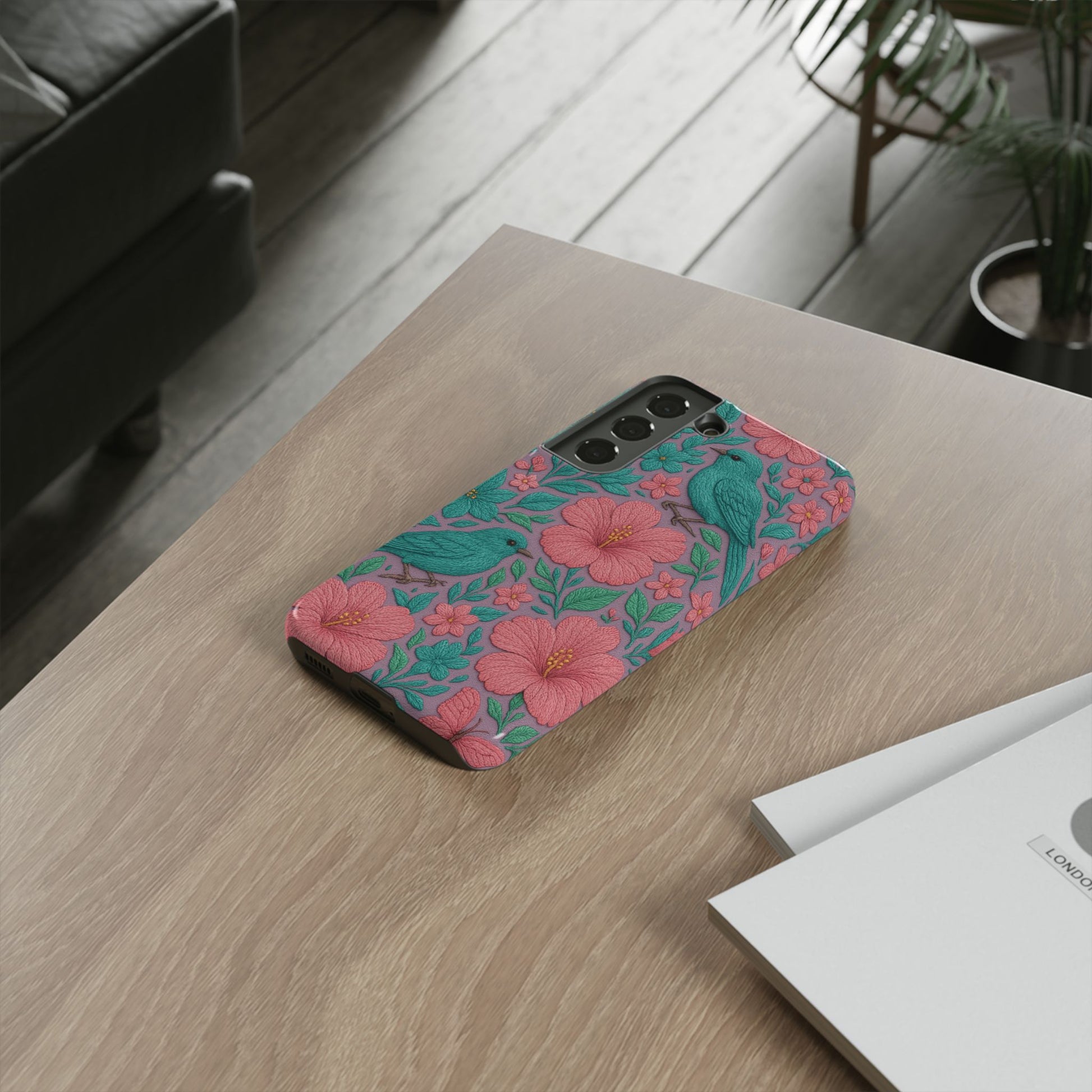 Turquoise, Pink and Lavender 3D Embroidery Illusion Phone Case Tropical Flowers, Birds & Butterflies Cover with Bold, Realistic Floral Texture iPhone, Samsung