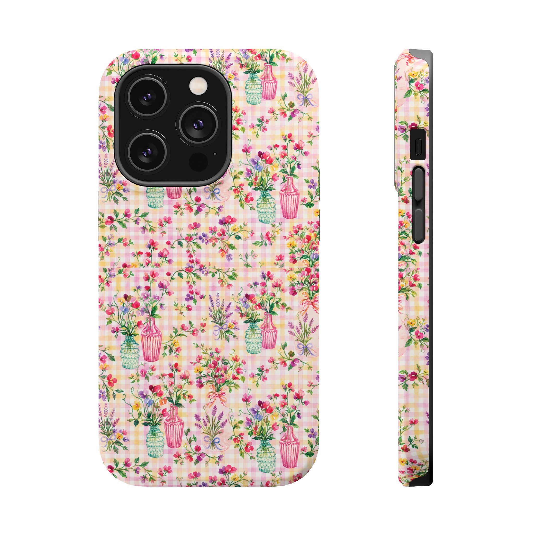Turquoise & Pink Floral Checker Phone Case — Magnetic Impact-Resistant