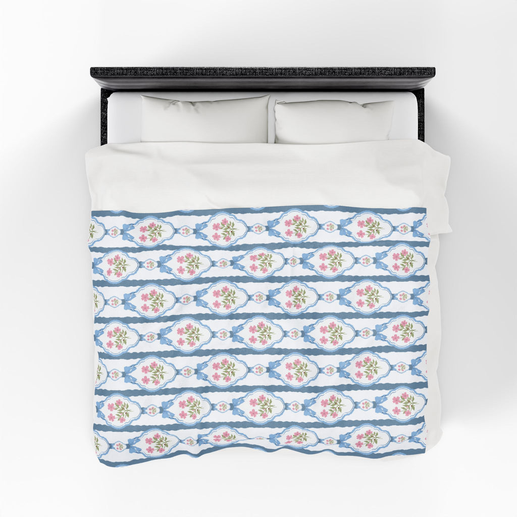 Couverture en peluche veloutée — Nœuds roses vintage et jeté romantique bleu