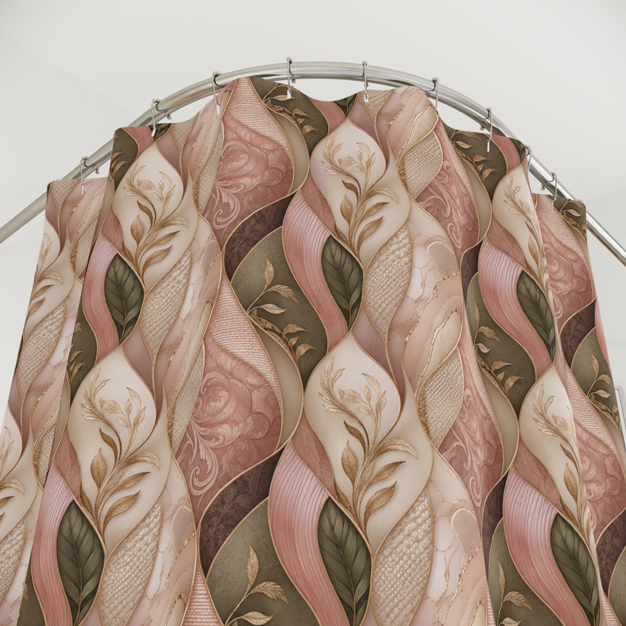 Shower Curtain — Pink Braided Leaf Pattern, Botanical Bathroom Decor