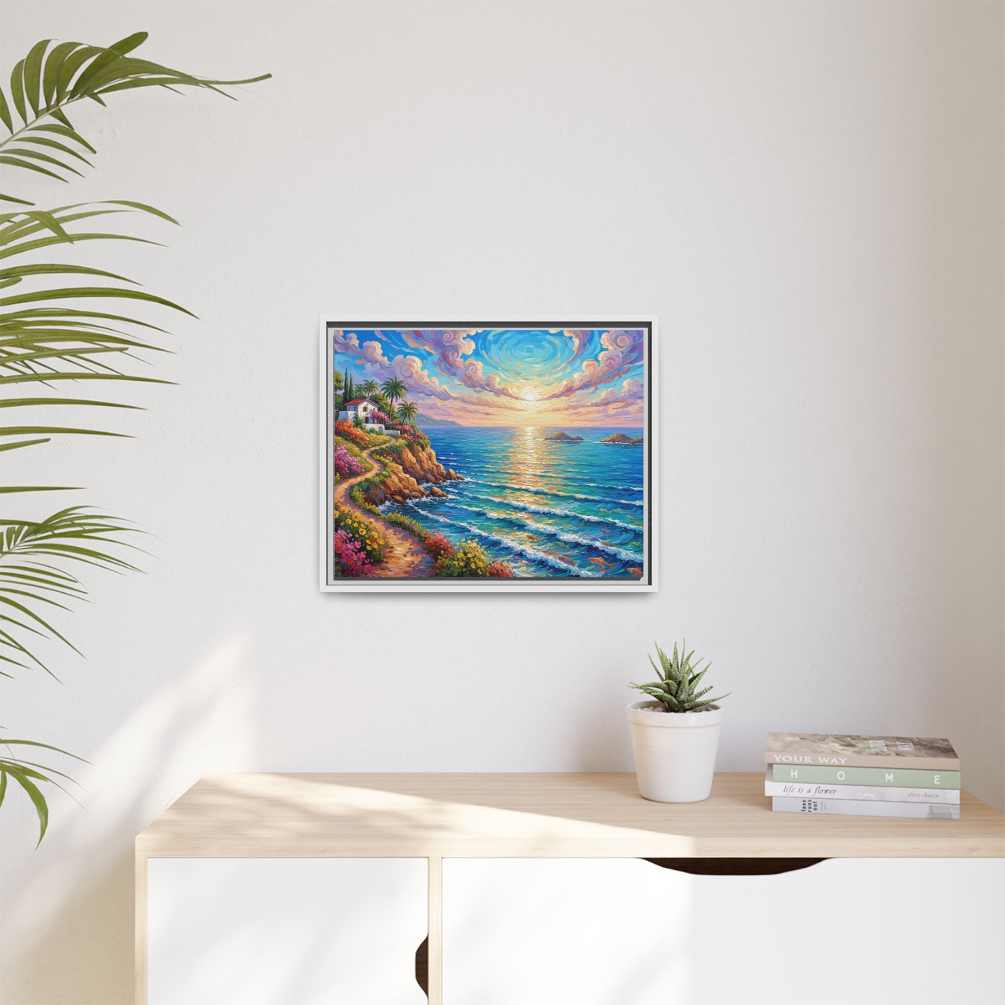 Toile imprimée florale océanique | Décoration murale colorée et lumineuse de paysage marin, œuvre d'art de bureau encadrée et mate