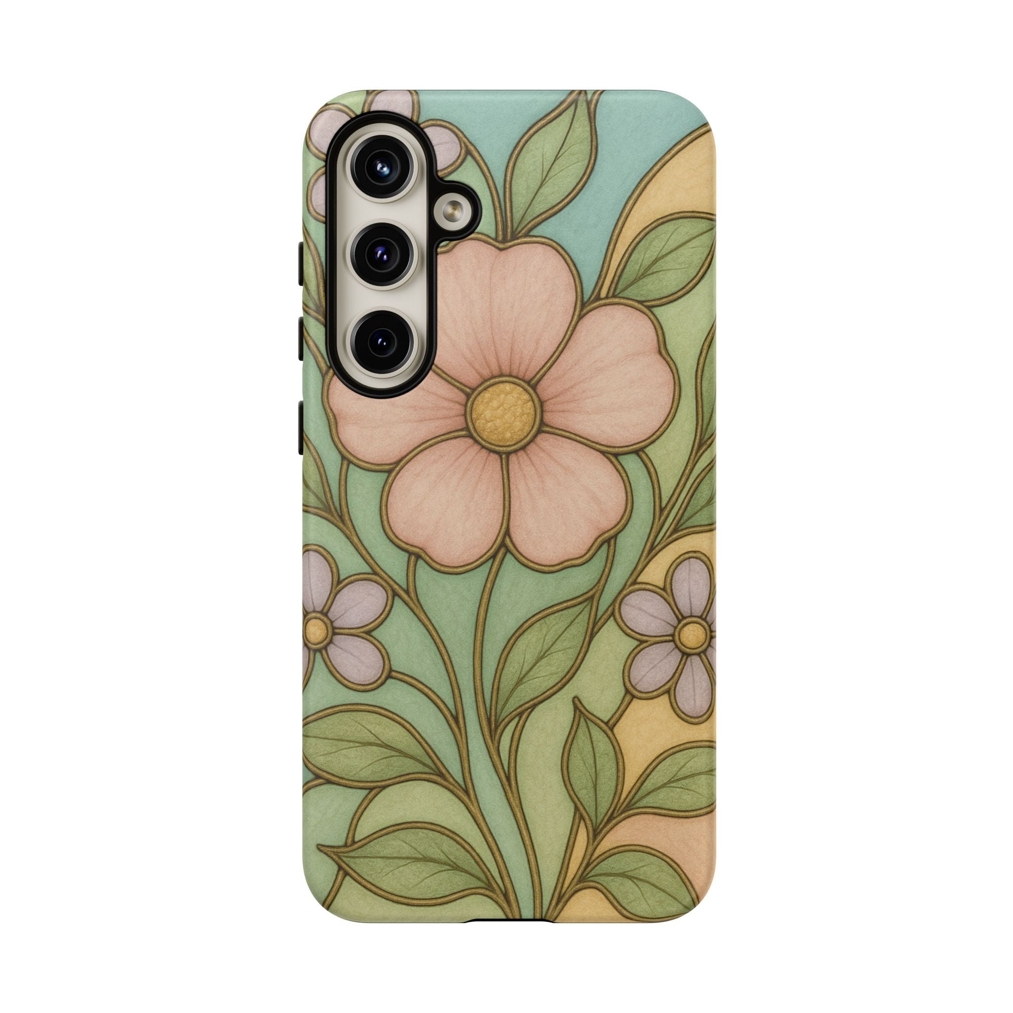 Pastel Pink, Yellow Stain Glass Illusion Floral Phone Case  Romantic Cottagecore Aesthetic, Soft Botanical Design, Protective Gift for Her, Fits iPhone & Samsung Models