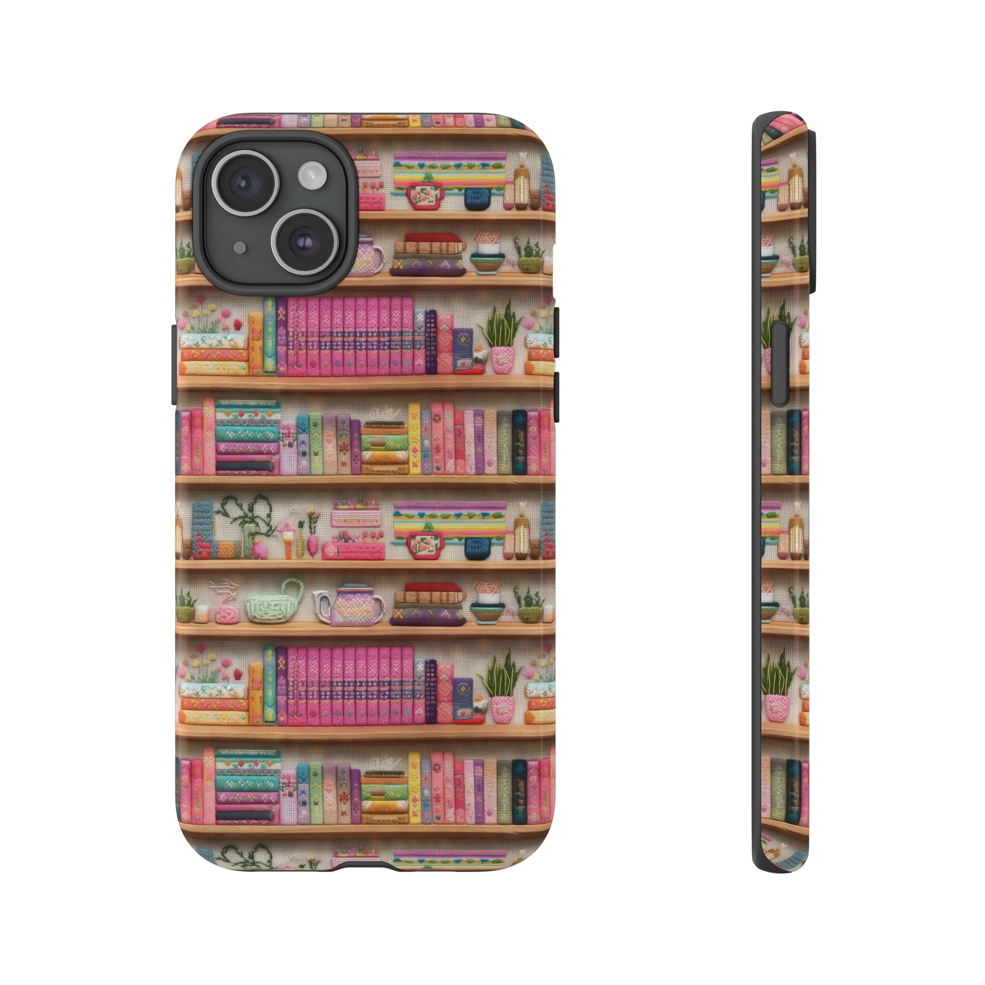 Phone Case 3D Illusion Books & Shelf Embroidery Design with Vibrant Colors Gift for Her Phone 15, Samsung iPhone Samsung Gift for Her Case iPhone 15, Samsung iPhone Samsung Accessory Gift for Her.