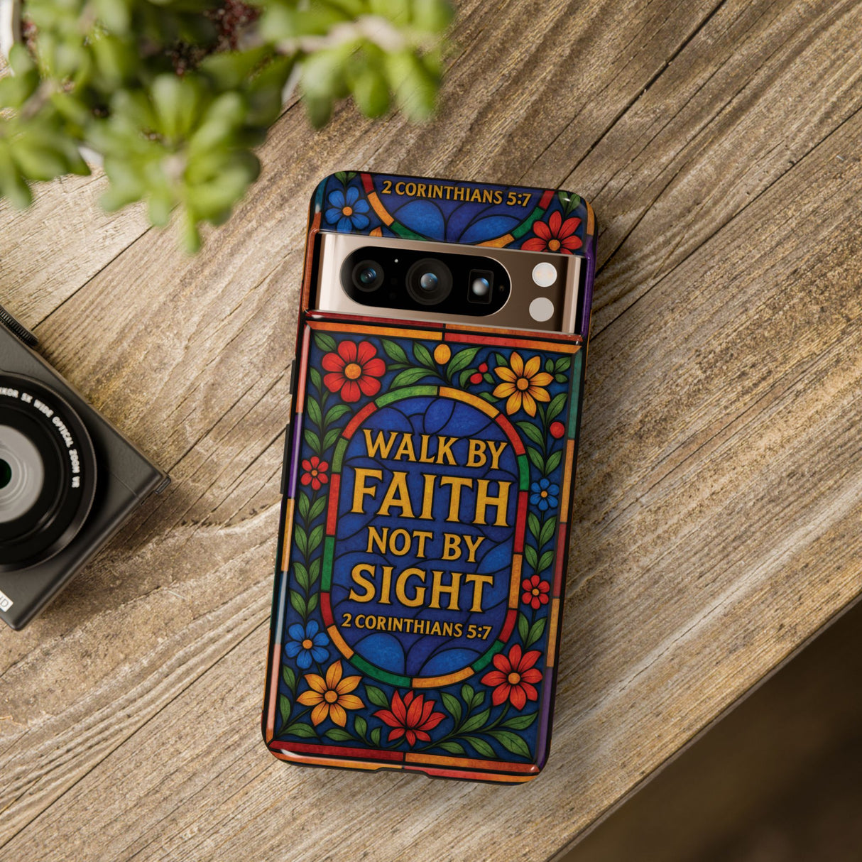 Walk by Faith Stain Glass Illusion Everywhere Christian Tough Phone Case with Bible Verse or Affirmation  Protective, Inspirational Gift for Christians