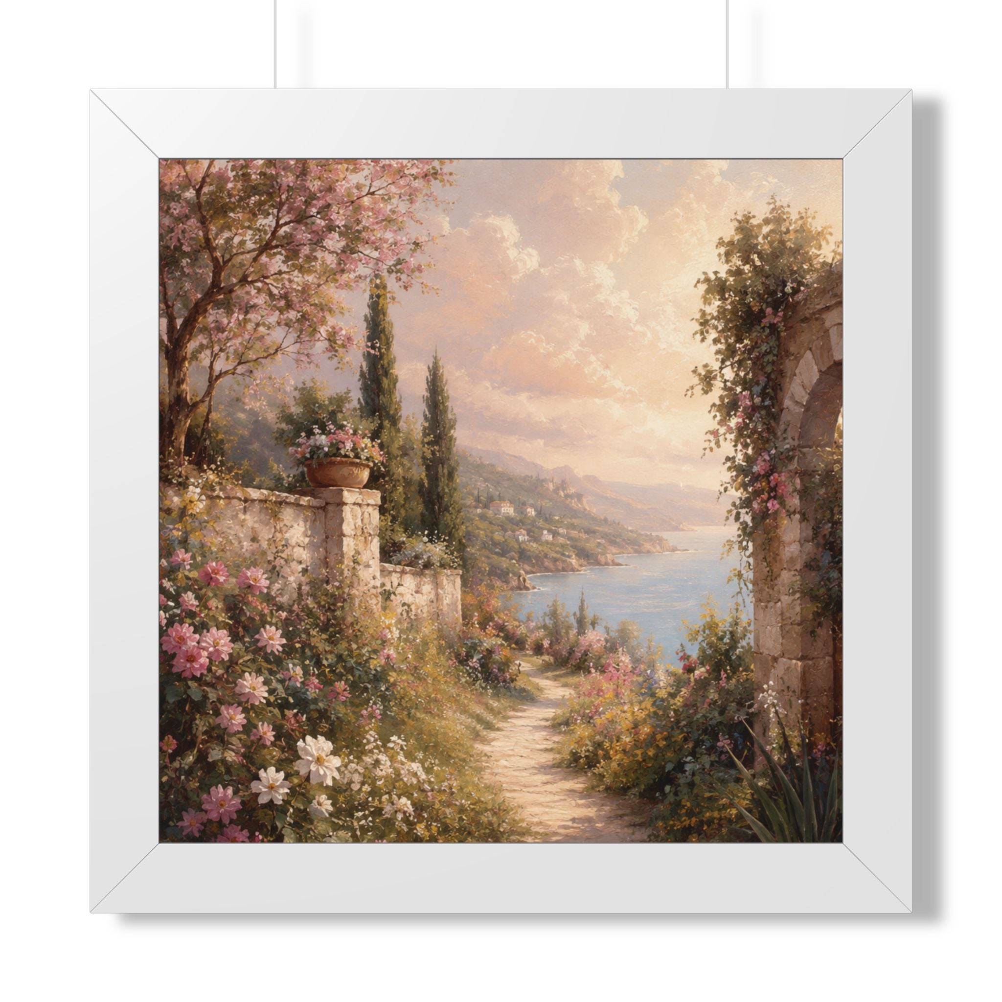 Mediterranean Garden Path Framed Vertical Poster | Coastal Landscape Wall Art
