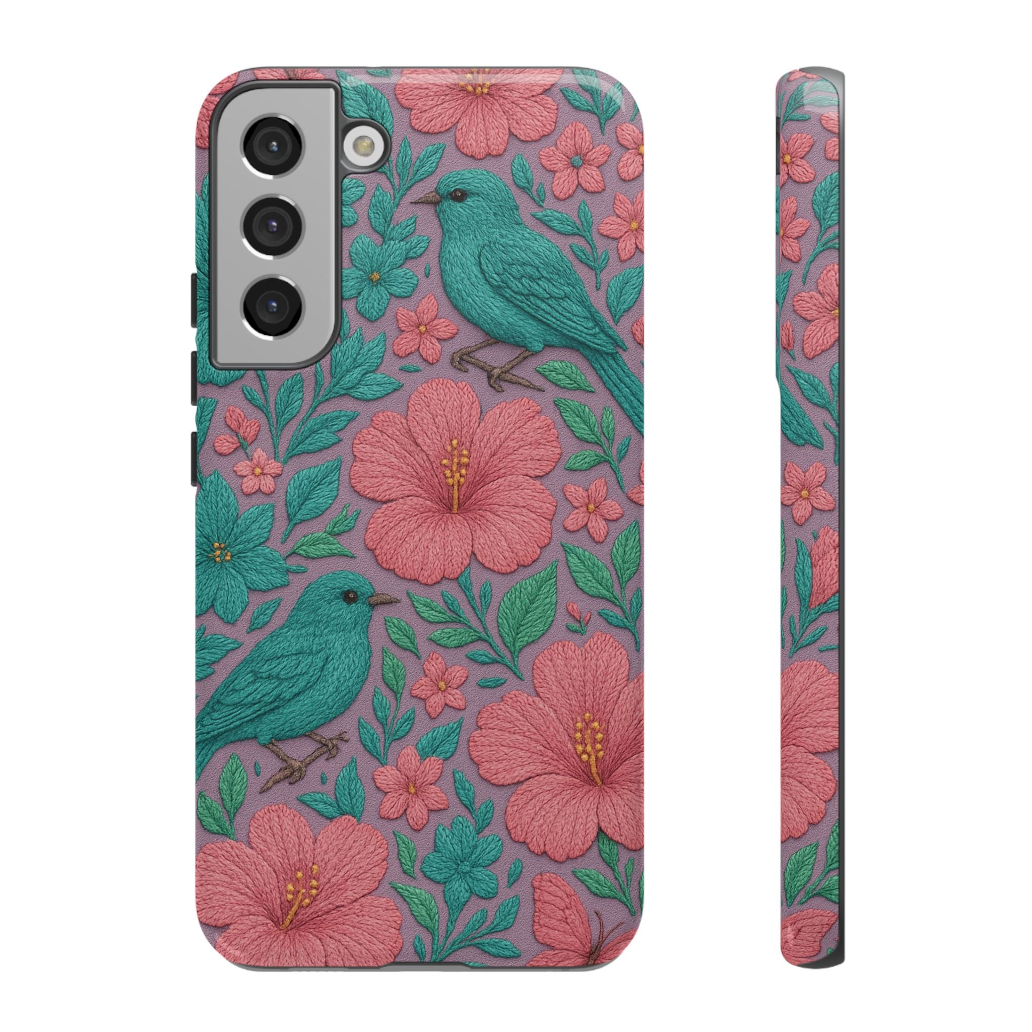 Turquoise, Pink and Lavender 3D Embroidery Illusion Phone Case Tropical Flowers, Birds & Butterflies Cover with Bold, Realistic Floral Texture iPhone, Samsung