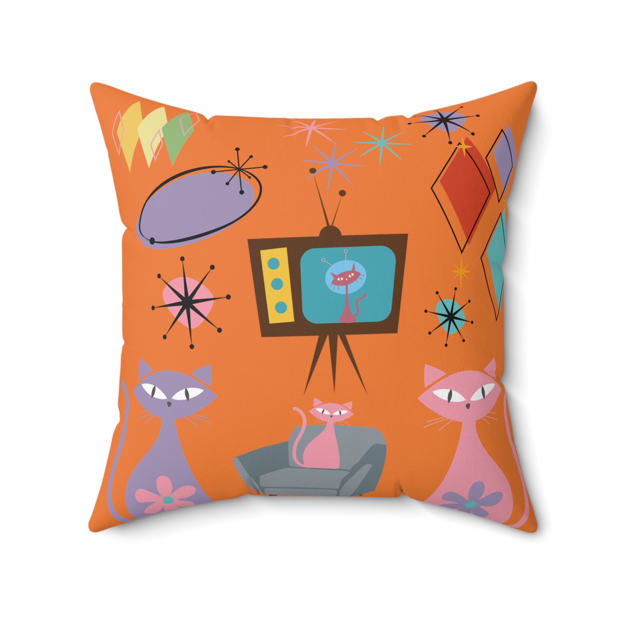 Atomic Cats Square Pillow | Retro Vintage 1950s Throw Pillow with Starburst Design | Mid Century Modern Home Decor for Cat Lovers & Retro Fans Reading Nook