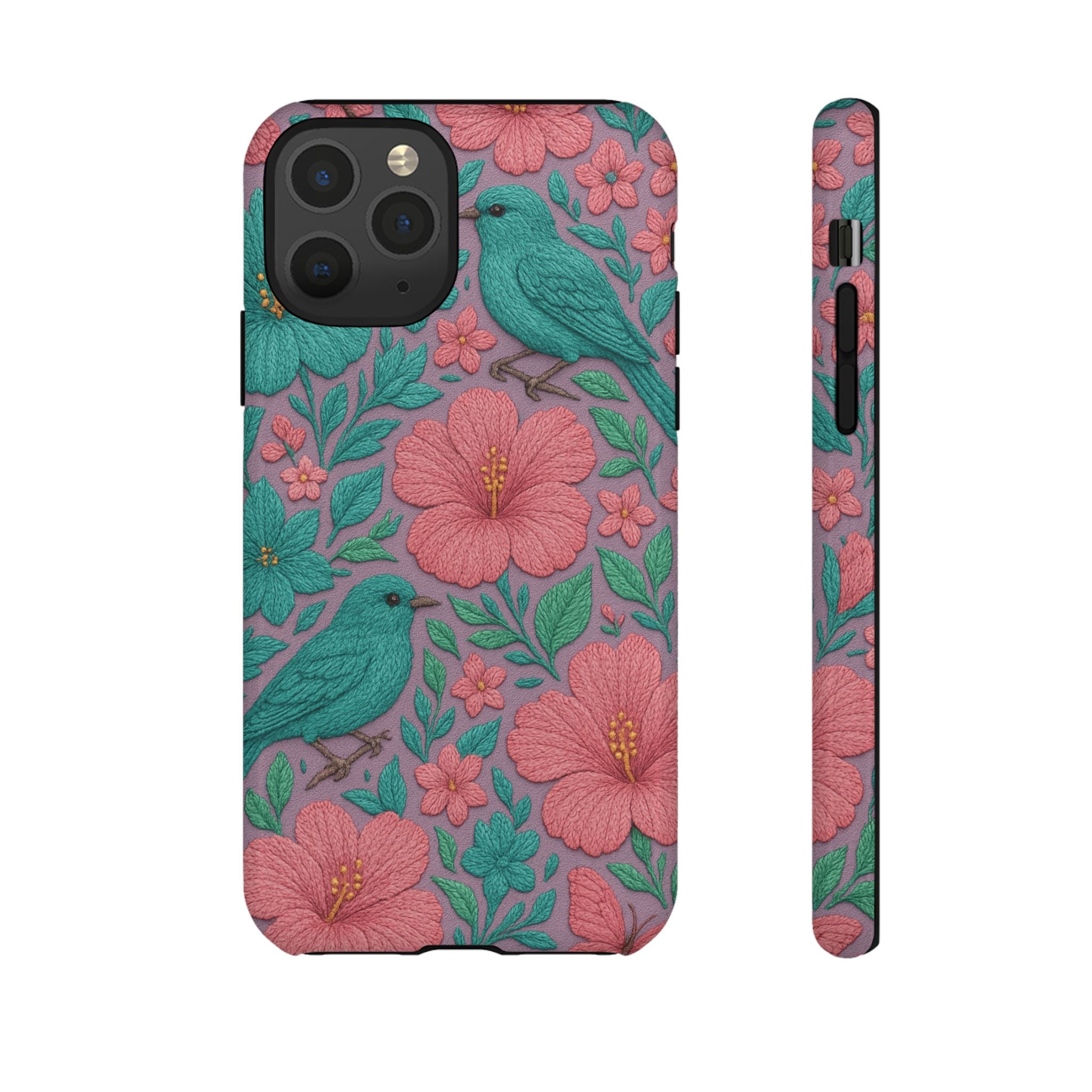 Turquoise, Pink and Lavender 3D Embroidery Illusion Phone Case Tropical Flowers, Birds & Butterflies Cover with Bold, Realistic Floral Texture iPhone, Samsung