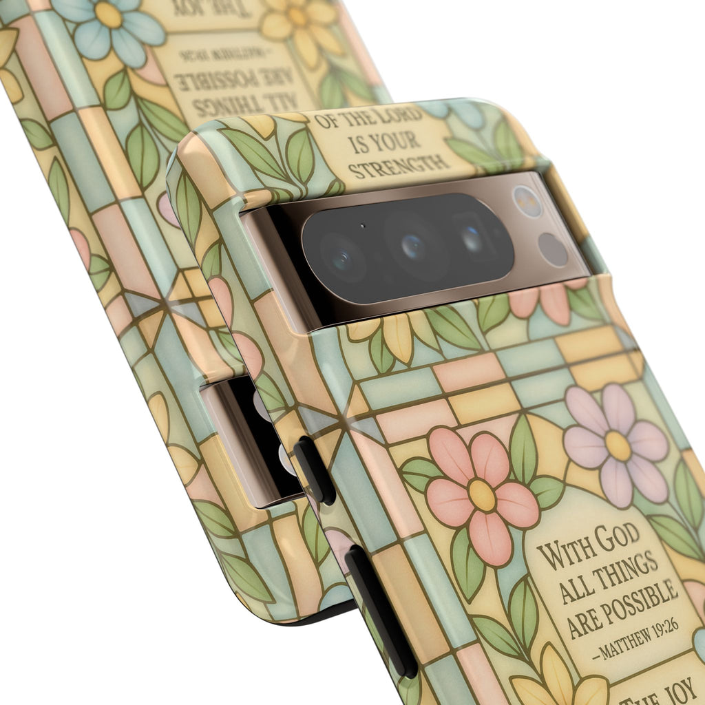 Pastel Stained Glass Bible Verse Phone Case Christian Affirmation Cover, Soft Geometric Design, iPhone Samsung Google, Faith Gift for Her Bible Verse or Affirmation | Protective, Inspirational Gift for Christians