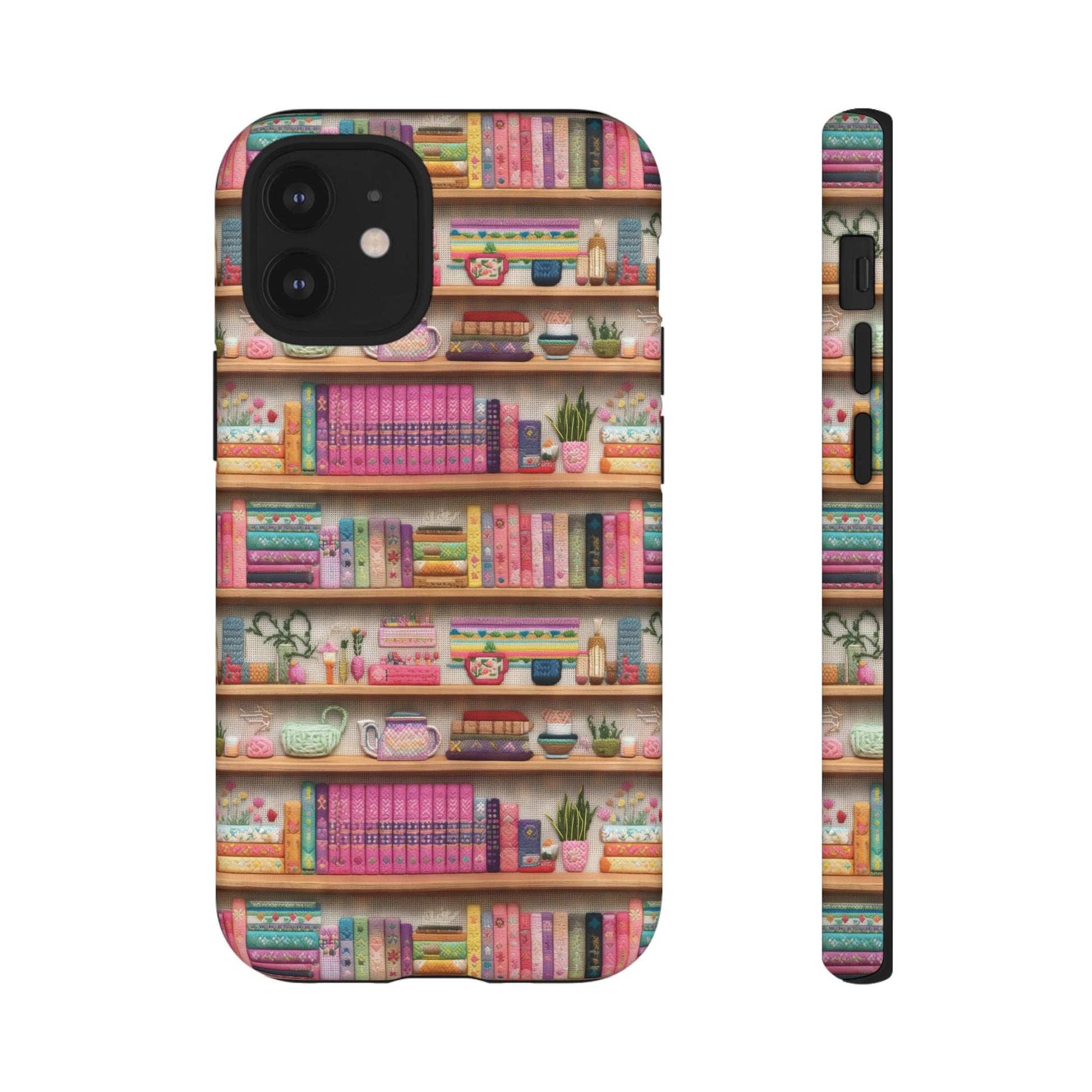 Whimsical 3D Embroidery Illusion Books on Pastel Shelves Phone Case for iPhone, Samsung & Pixel: Unique Accessory for Literary Enthusiasts Gift for Her Perfect for Floral Lover