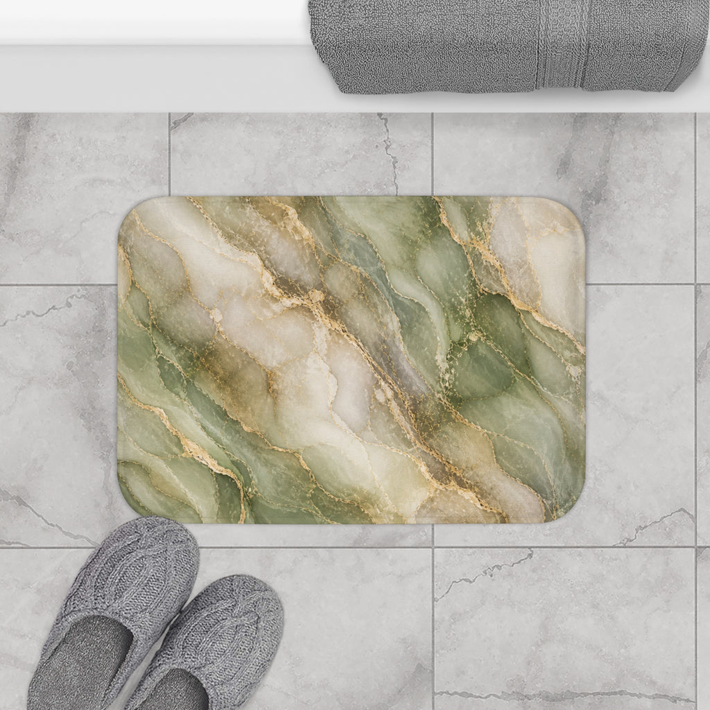 Sage Green Marble Bath Mat — Gold Vein Luxury Absorbent Bathroom Rug