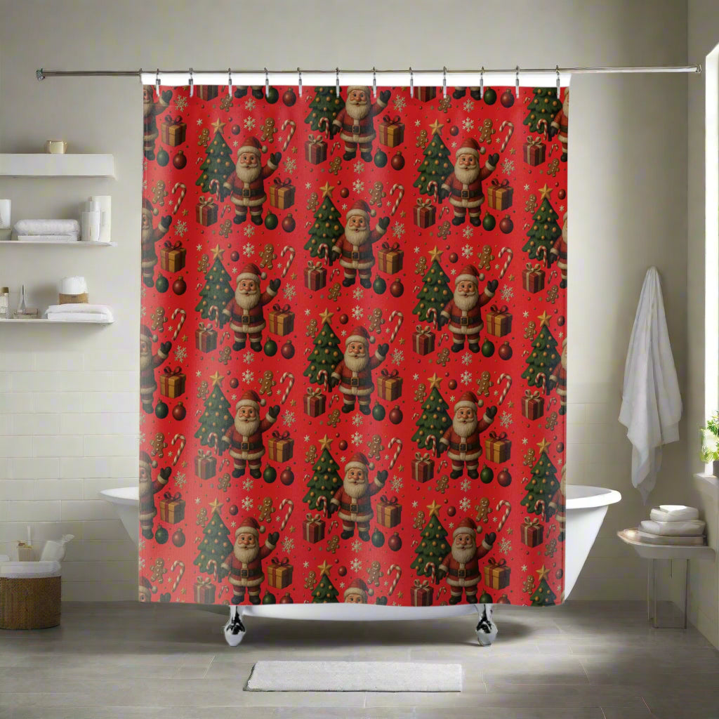 Santa & Tree Christmas Shower Curtain  Holiday Bathroom Decor with Gingerbread, Candy Canes, Ornaments Festive Winter Home Accent Hooks Not Included