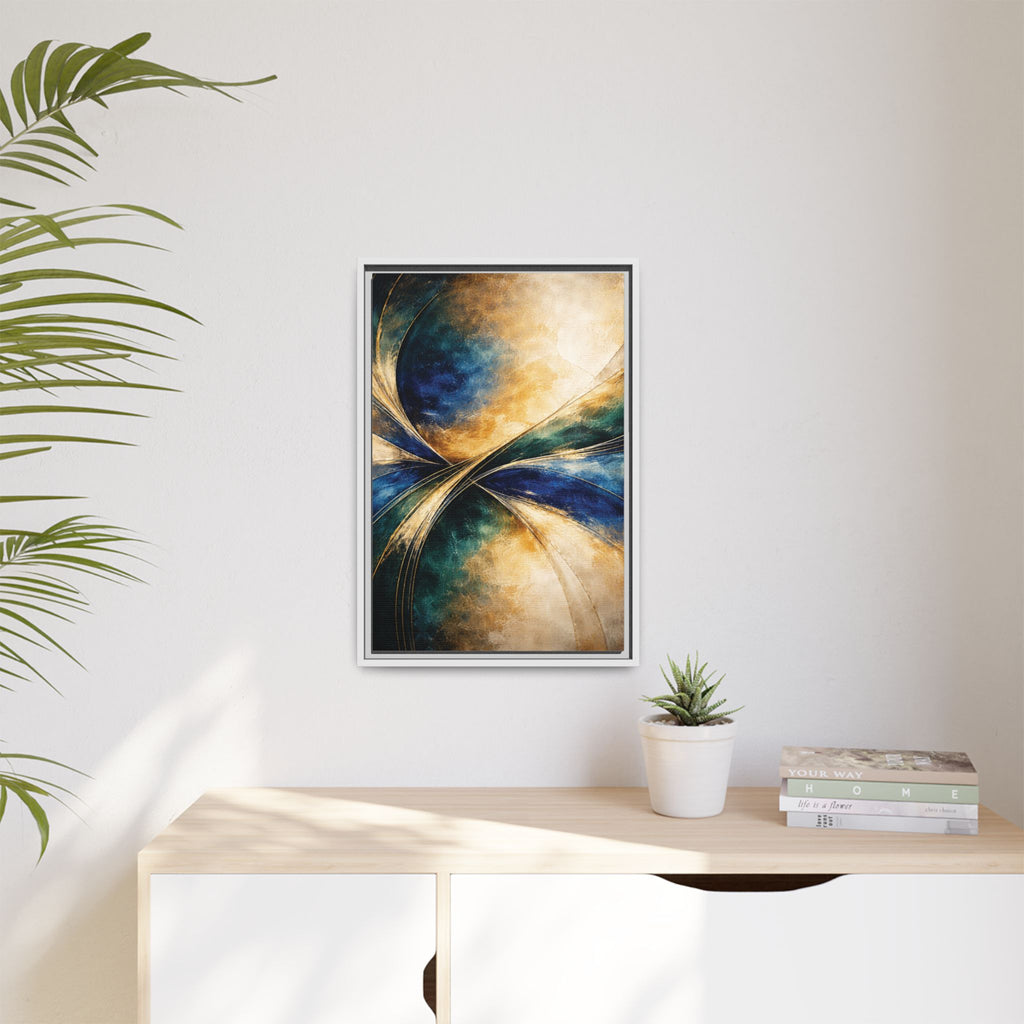 Gilded Convergence  Luxe NeoDeco Blue & Gold Abstract Wall Art Framed