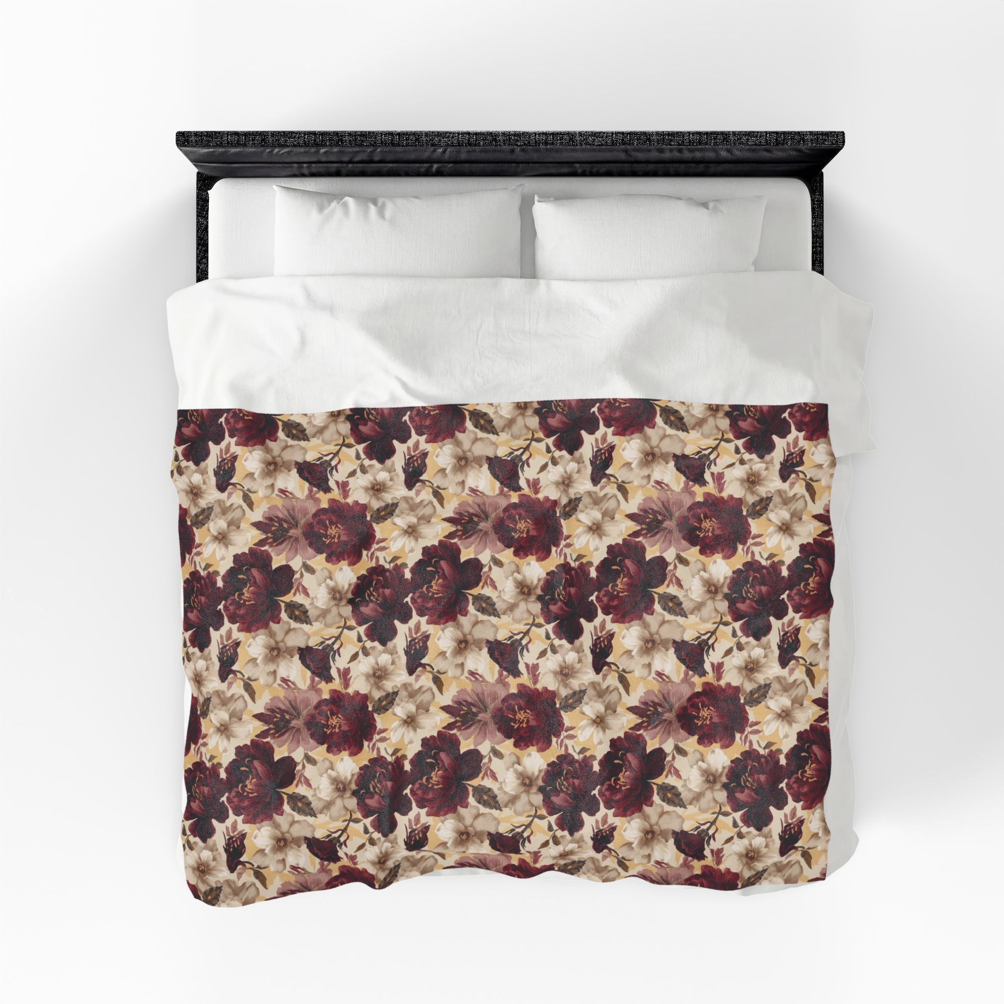 Velveteen Plush Blanket - Vintage Burgundy Rose Floral Throw Cottage