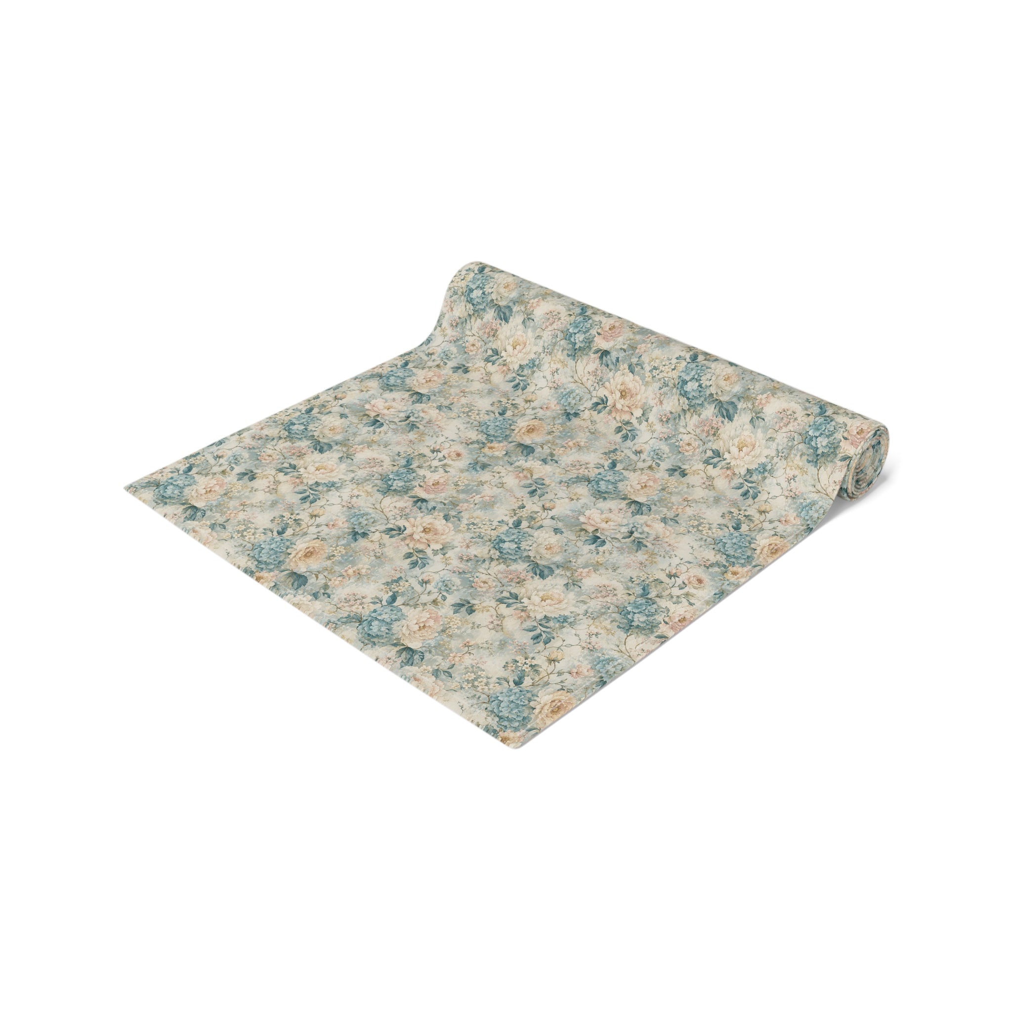 Floral Vintage Table Runner — Soft Blue Cream Cotton-Poly Dining Decor