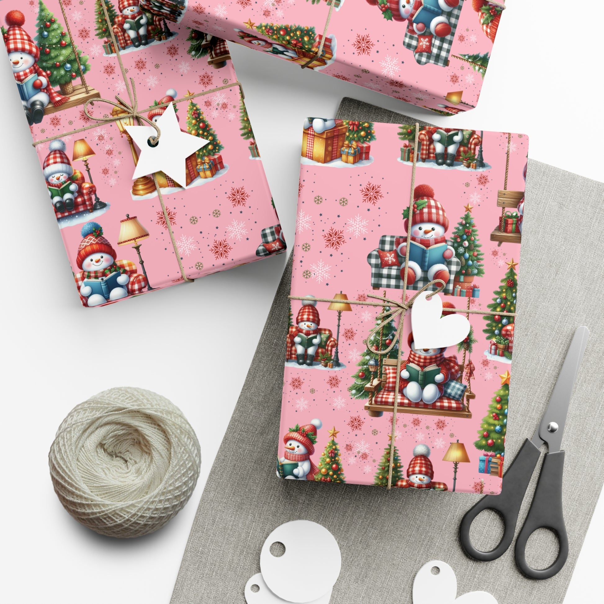Pink Christmas Snowman Wrapping Paper with Adorable Pink Bows Perfect for Whimsical Christmas Gift Wrap | Festive Holiday Present Wrapping Sheets - MRSBYVALLE