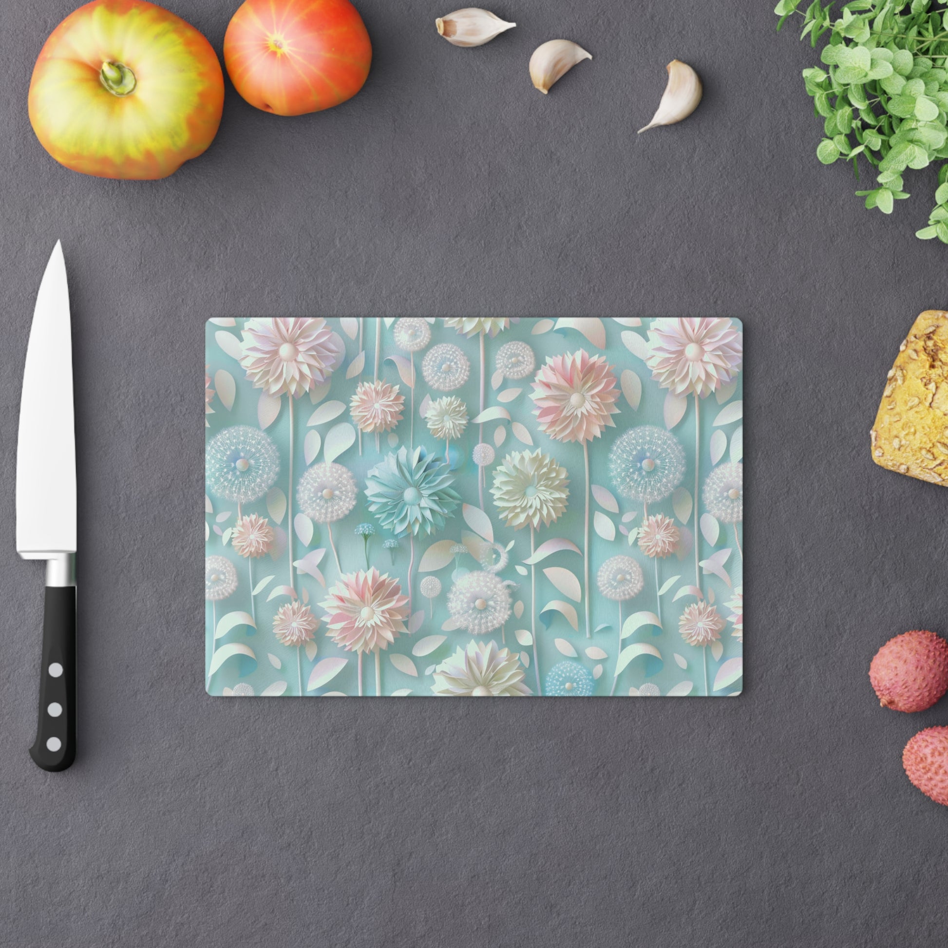 Pastel Floral Tempered Glass Cutting Board | Durable and Heat-Resistant | Non-Slip Feet for Stability | Scratch-Resistant Surface | Stylish Kitchen Decor & Gift