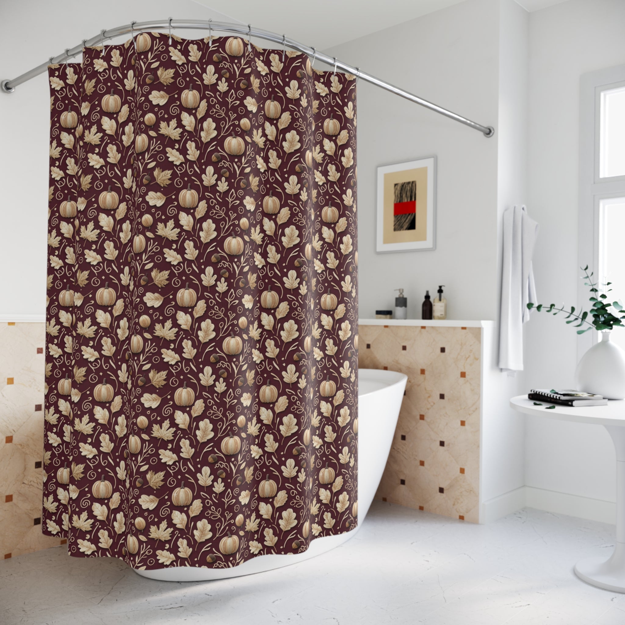 Burgundy Fall Shower Curtain, Autumn Leaves Bathroom Decor, Seasonal Rustic Home Accent, Cozy Thanksgiving & Harvest Style Curtain Hooks Not Included