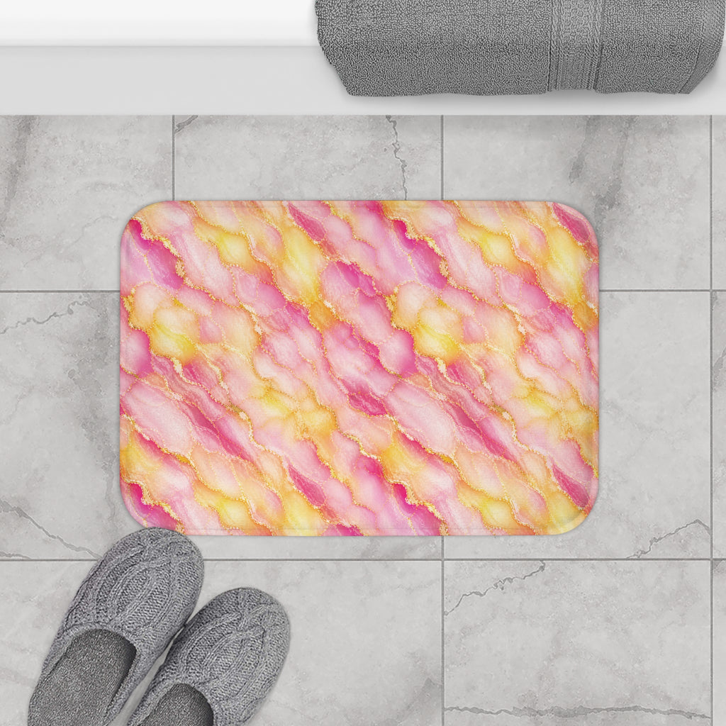 Blush Pink & Pastel Yellow Marble Bath Mat — Gold Vein Luxury Floor Decor