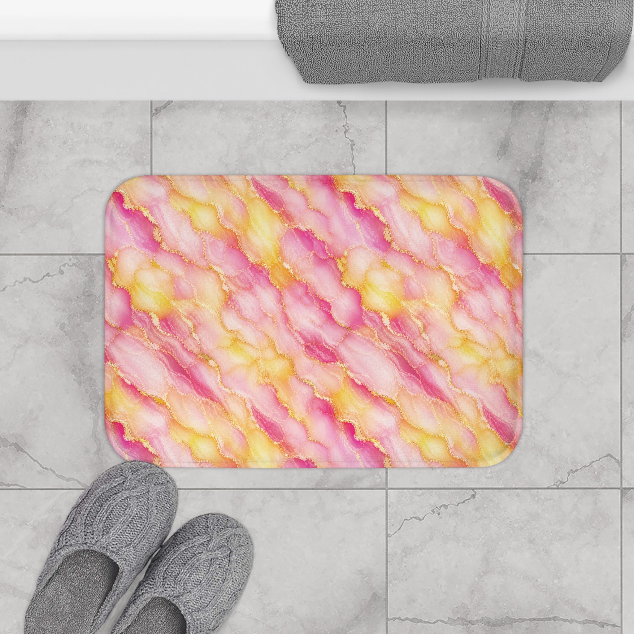 Blush Pink & Pastel Yellow Marble Bath Mat — Gold Vein Luxury Floor Decor