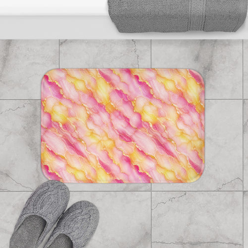 Blush Pink & Pastel Yellow Marble Bath Mat — Gold Vein Luxury Floor Decor