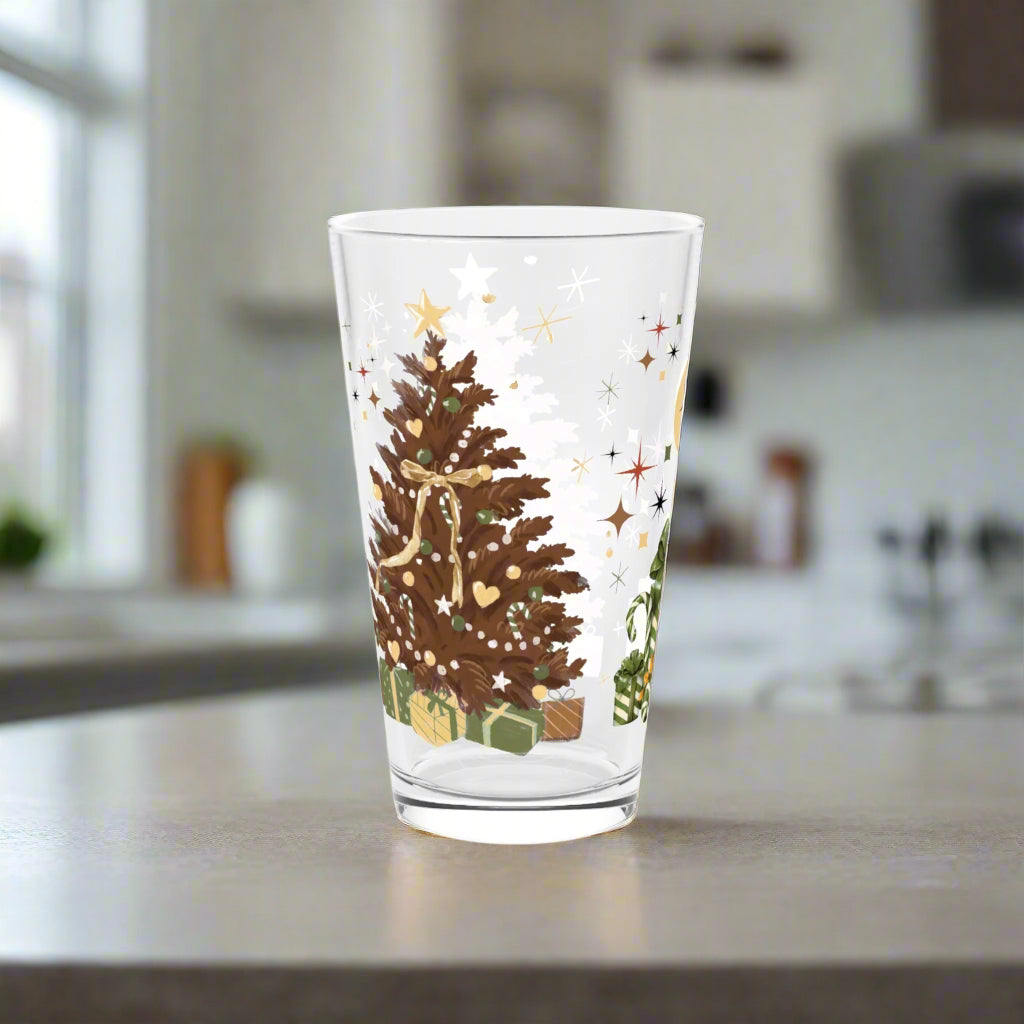16oz Christmas Tree Pint Glass, Brown Holiday Glassware, Rustic Xmas Drink Cup, Festive Winter Bar Decor, Holiday Gift for Him, Cozy Christmas Vibes