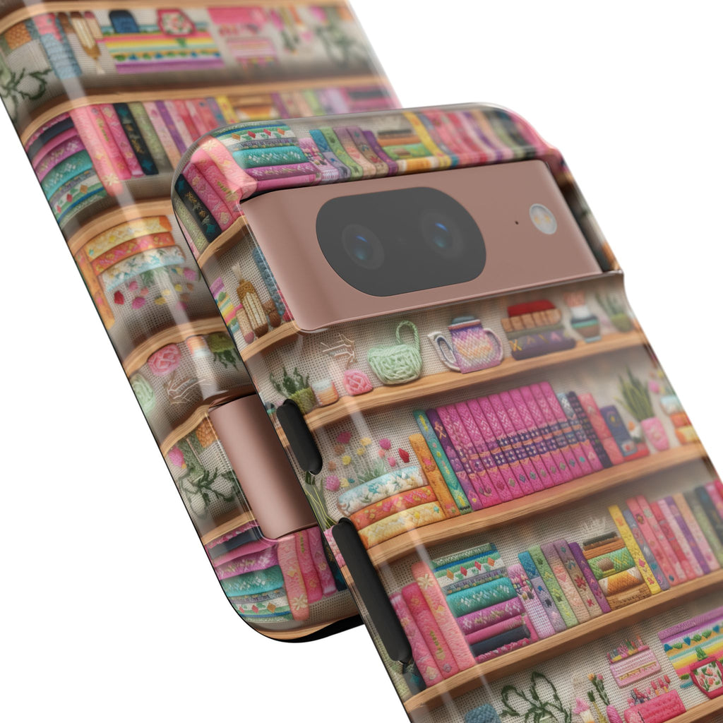 Whimsical 3D Embroidery Illusion Books on Pastel Shelves Phone Case for iPhone, Samsung & Pixel: Unique Accessory for Literary Enthusiasts Gift for Her Perfect for Floral Lover